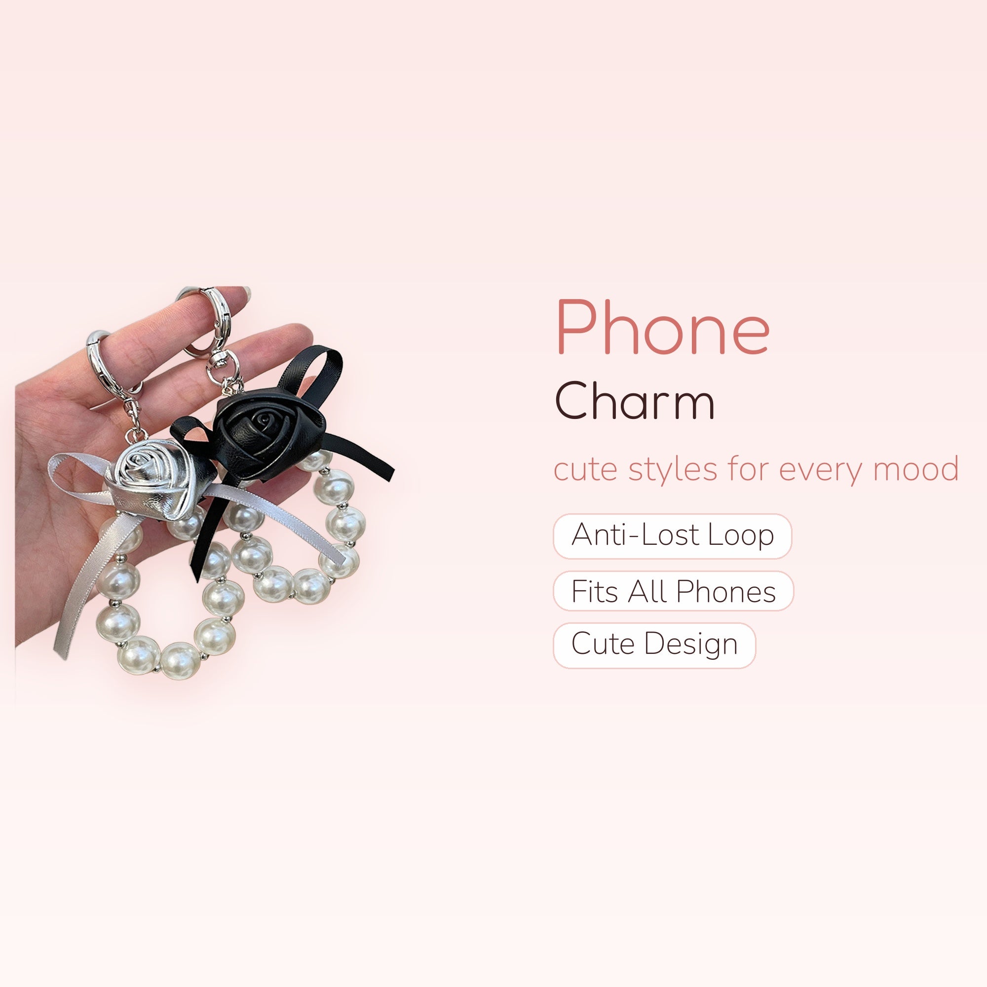 Aesthetic Black & Silver Rose Pearl Phone Charm | Cute Beaded Wrist Strap