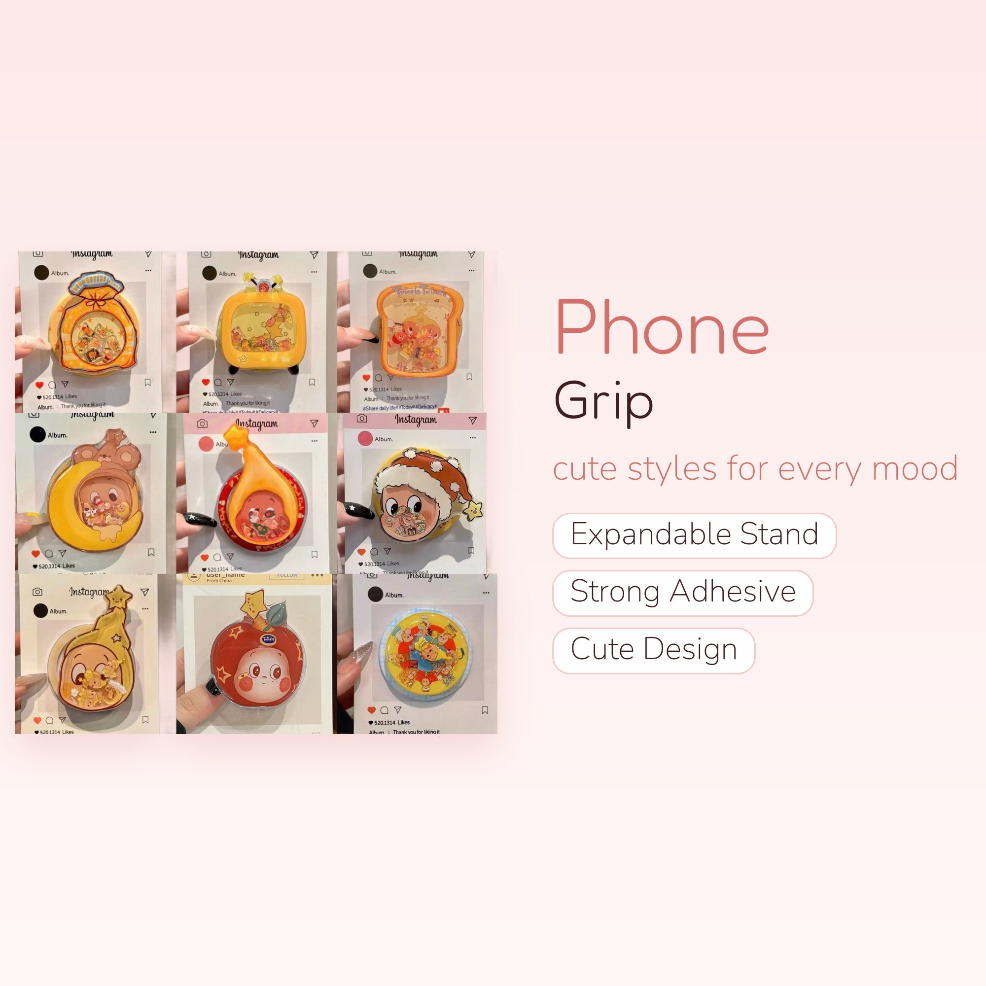 Kawaii Cartoon Character Shaker Phone Grip | Cute Liquid Glitter Pop Socket Stand