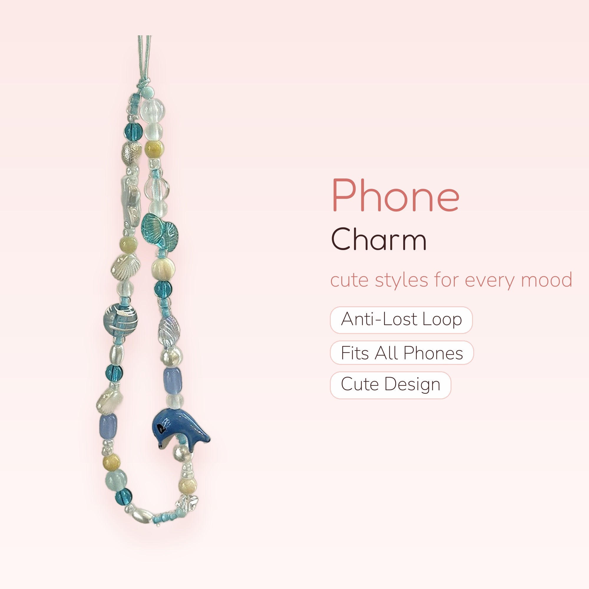 Oceanic Blue Beaded Phone Charm Strap | Cute Dolphin & Seashell Wrist Lanyard