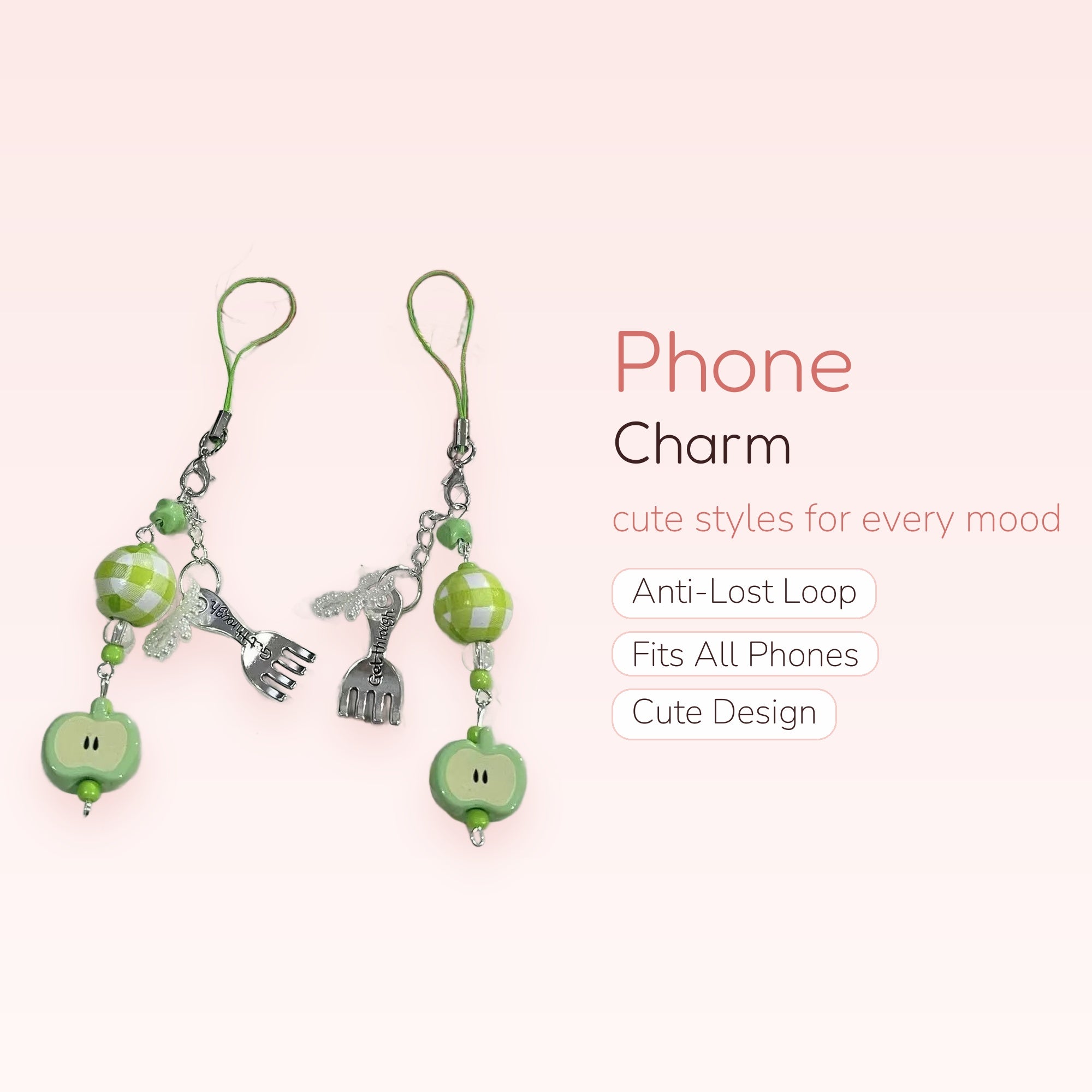Cute Green Apple & Gingham Phone Charm | Aesthetic Fork Beaded Wrist Strap
