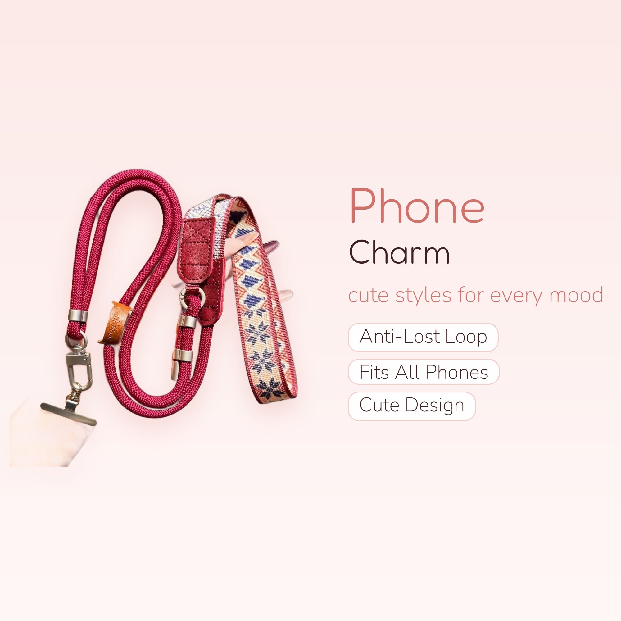 Maroon Rope & Embroidered Fabric Phone Lanyard | Aesthetic Crossbody Strap
