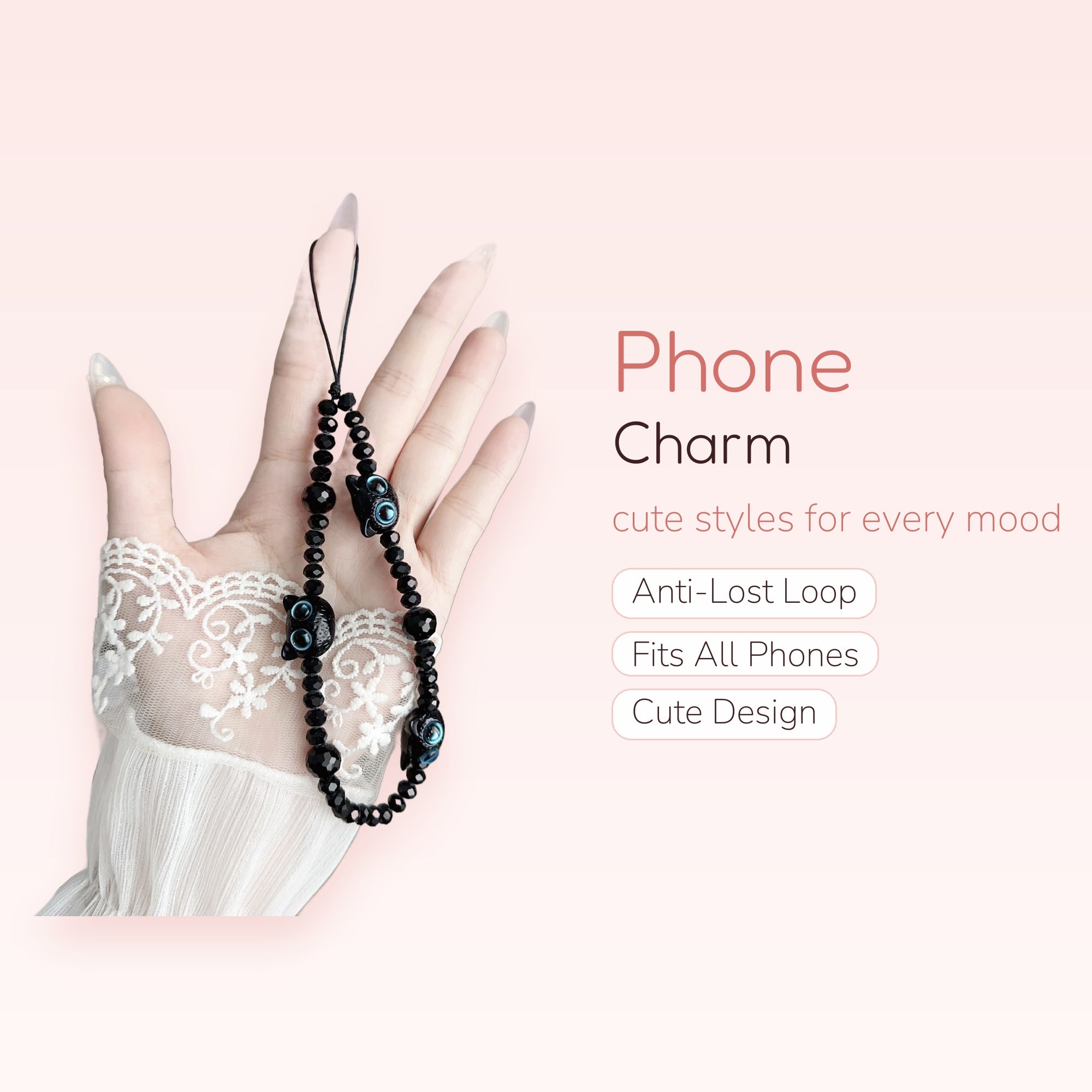 Black Beaded Evil Eye Cat Phone Charm | Aesthetic Y2K Wrist Strap