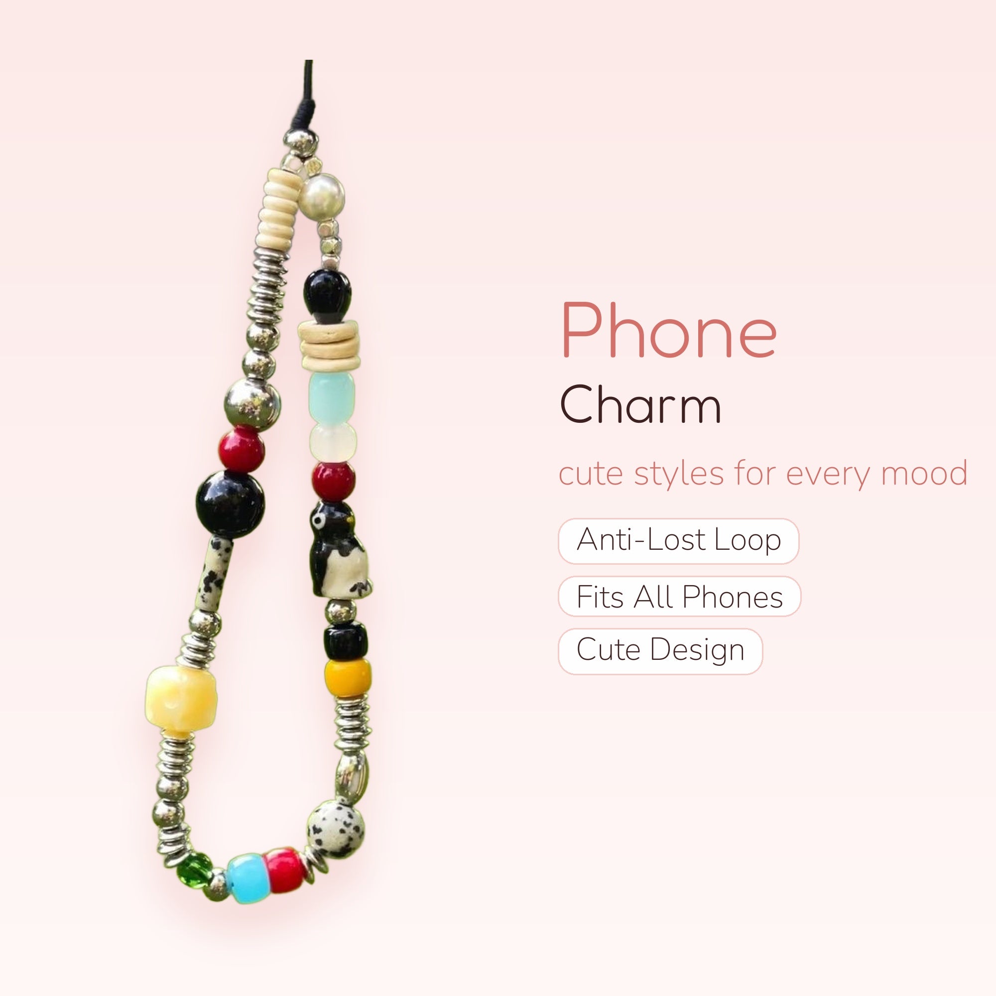 Kawaii Beaded Penguin Phone Charm Strap | Colorful Y2K Wrist Lanyard