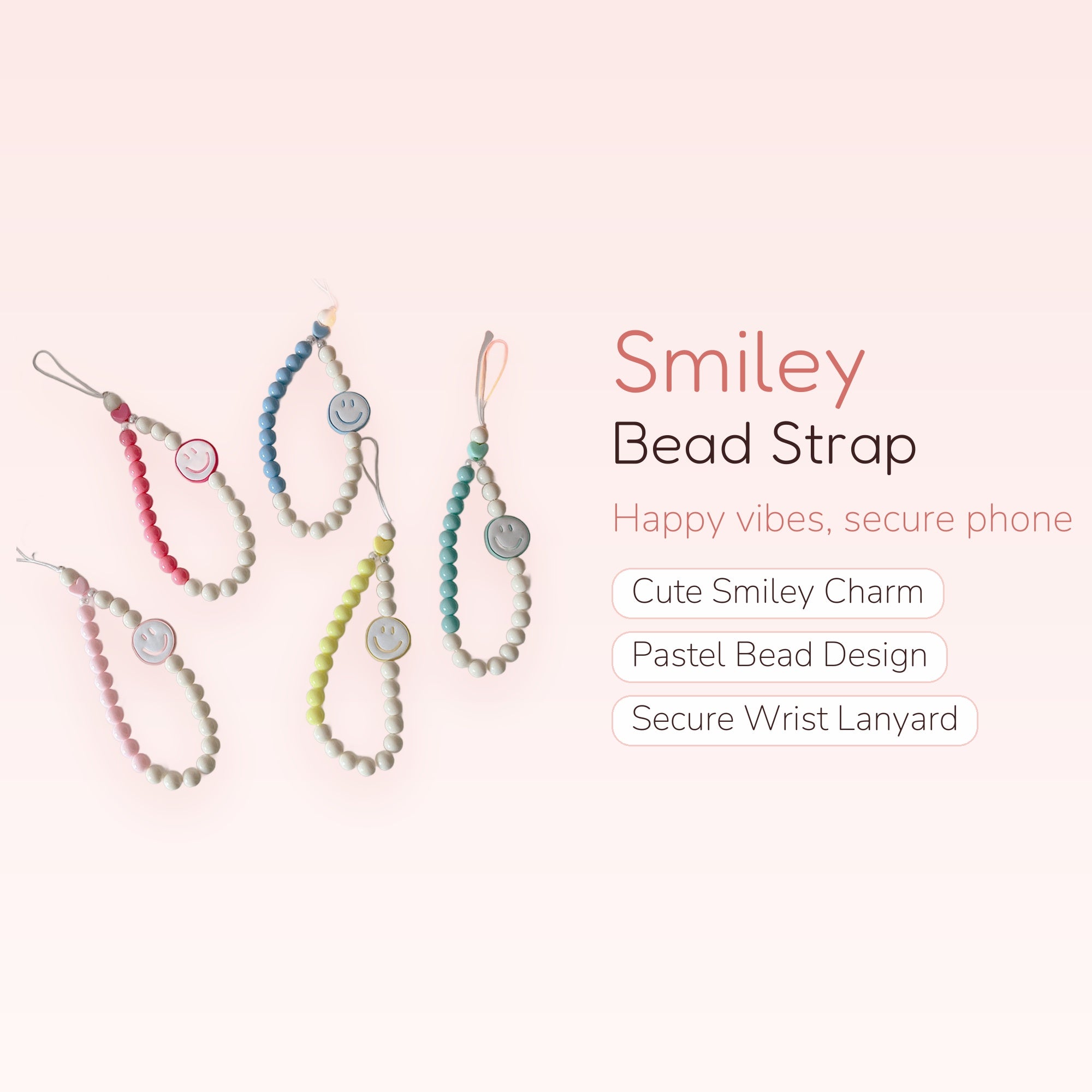Kawaii Smiley Face Bead Phone Charm Strap | Pastel Wrist Lanyard