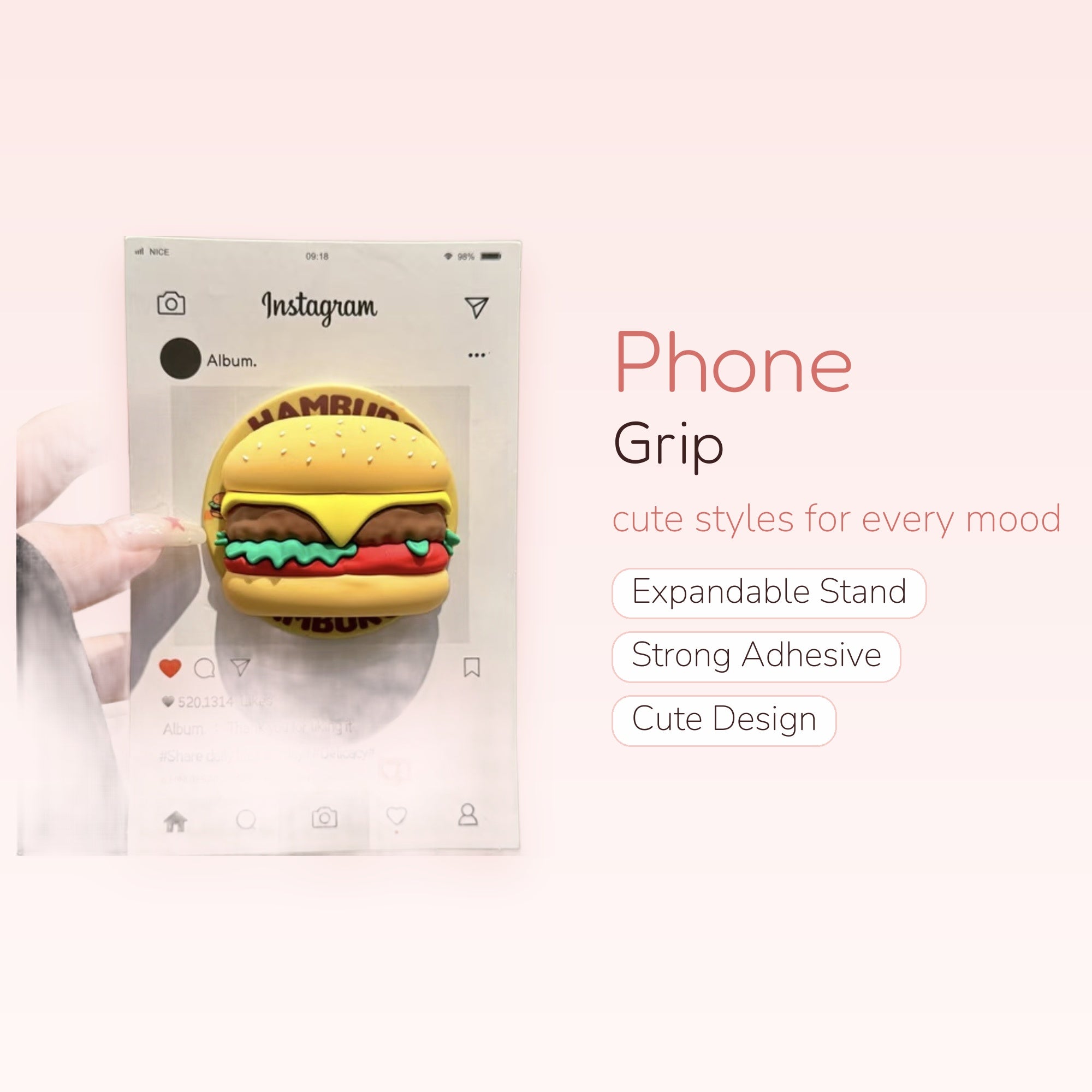 Kawaii Hamburger Instagram Phone Grip | Cute Pop Socket Stand for Foodies