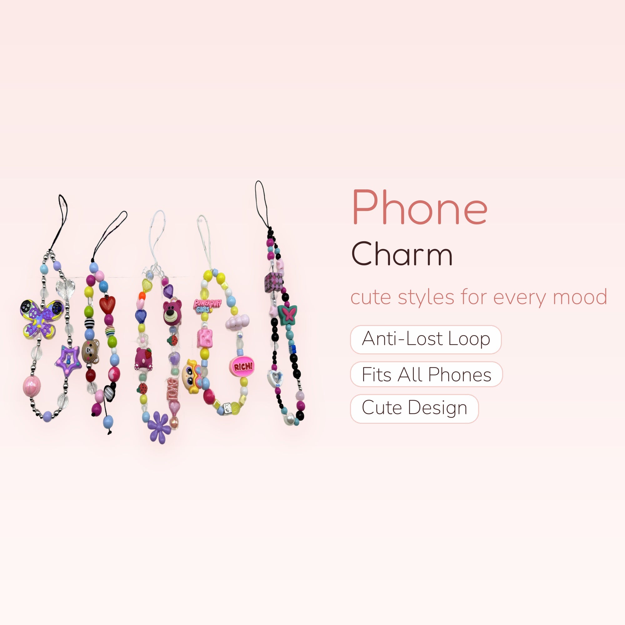 Kawaii Beaded Phone Charm Straps | Pastel Y2K Aesthetic Wrist Lanyards