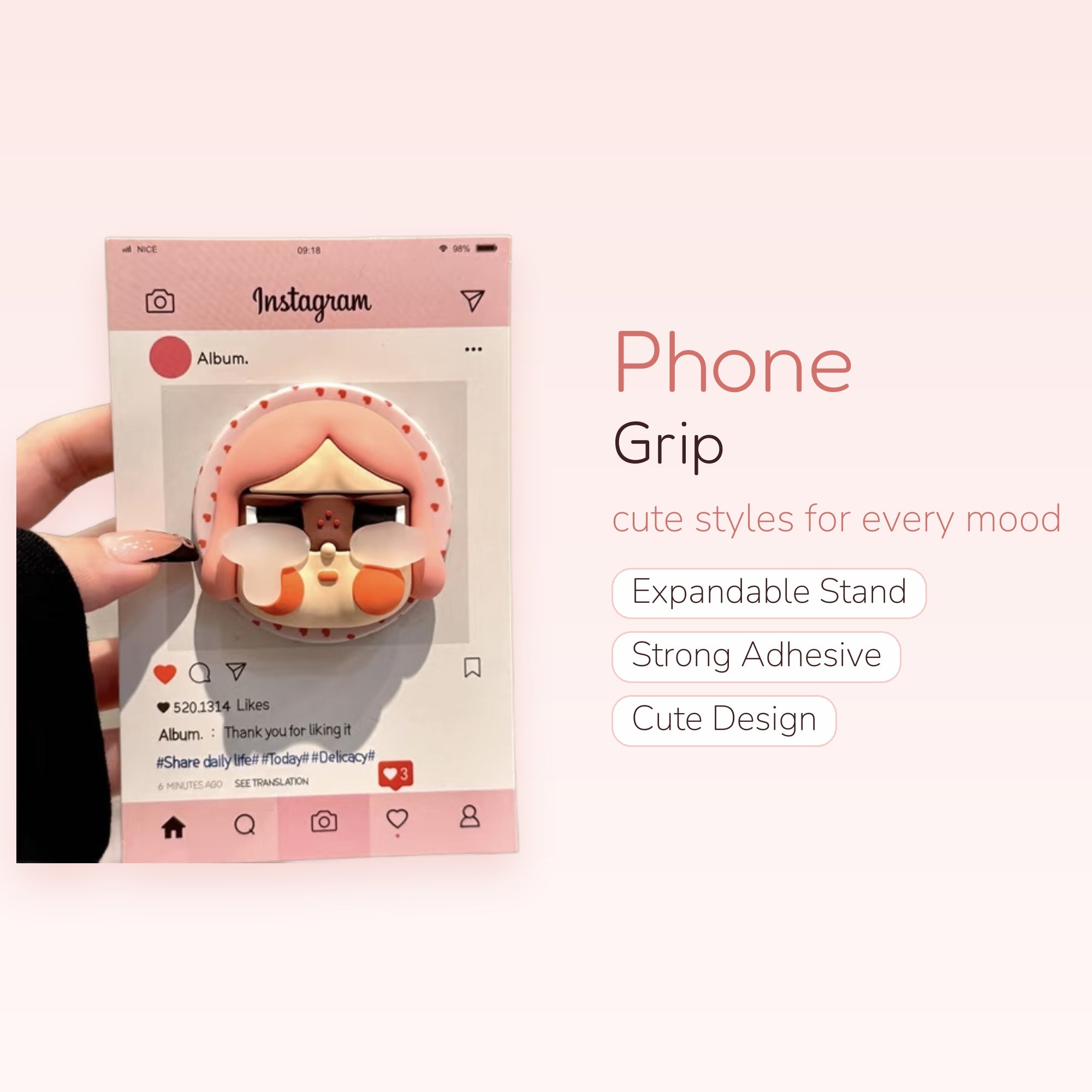 Pink Hair Girl Instagram Phone Grip | Kawaii Pop Socket Stand for Phones