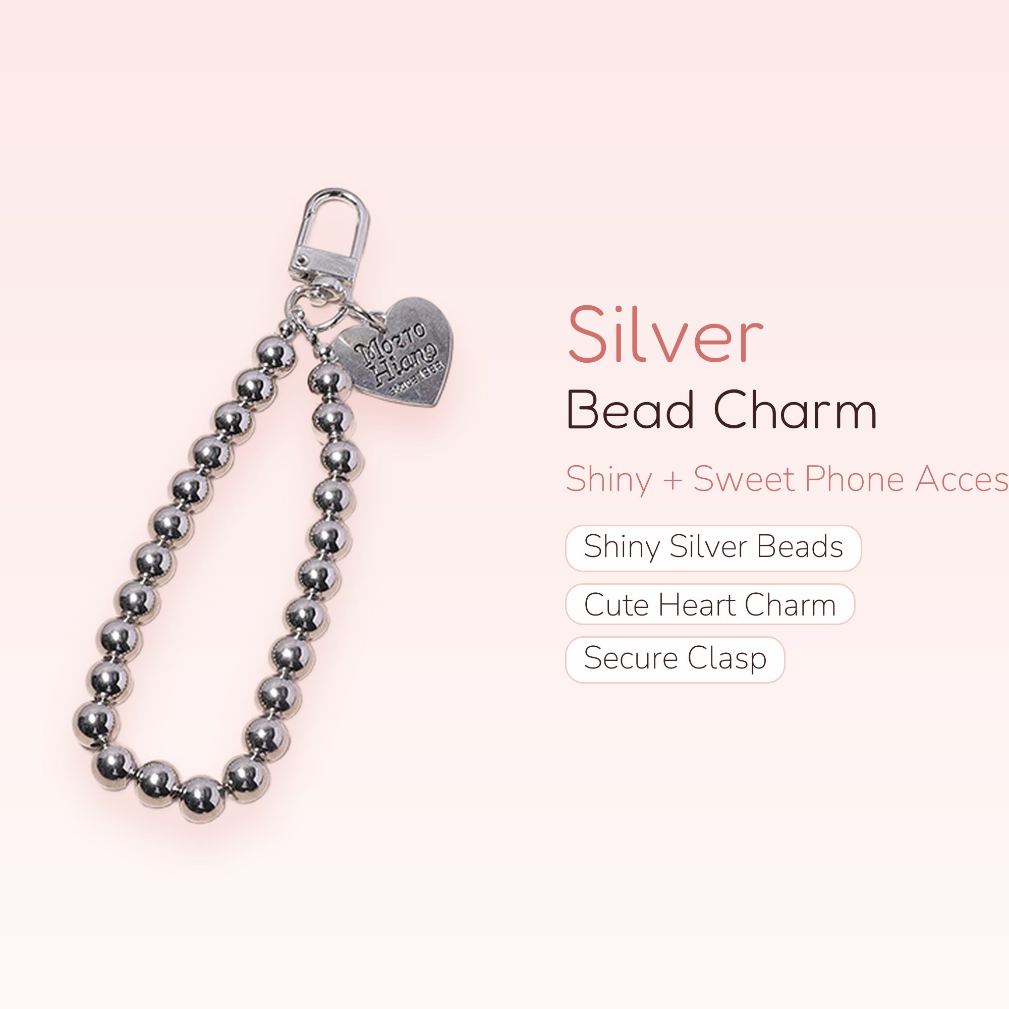 Silver Bead Phone Charm Strap | Cute Heart Keychain Lanyard