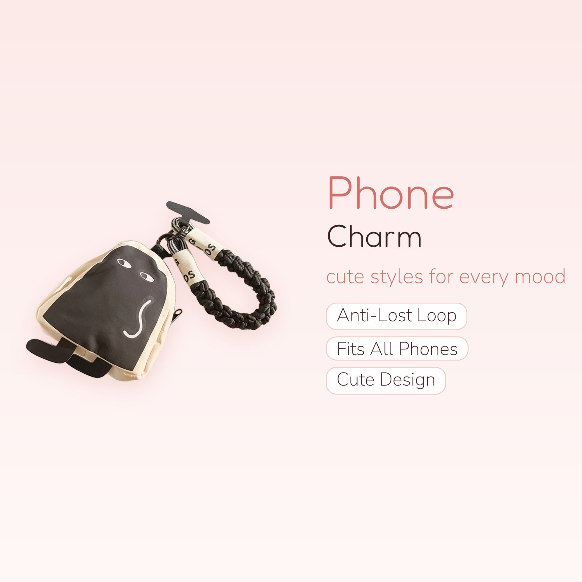 Kawaii Black & White Cartoon Character Phone Charm | Cute Braided Wrist Strap