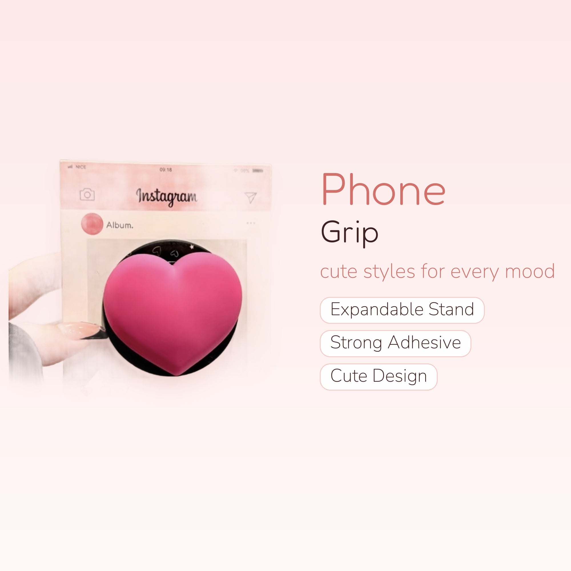 Pink Heart Instagram Phone Grip | Cute Pop Socket Stand
