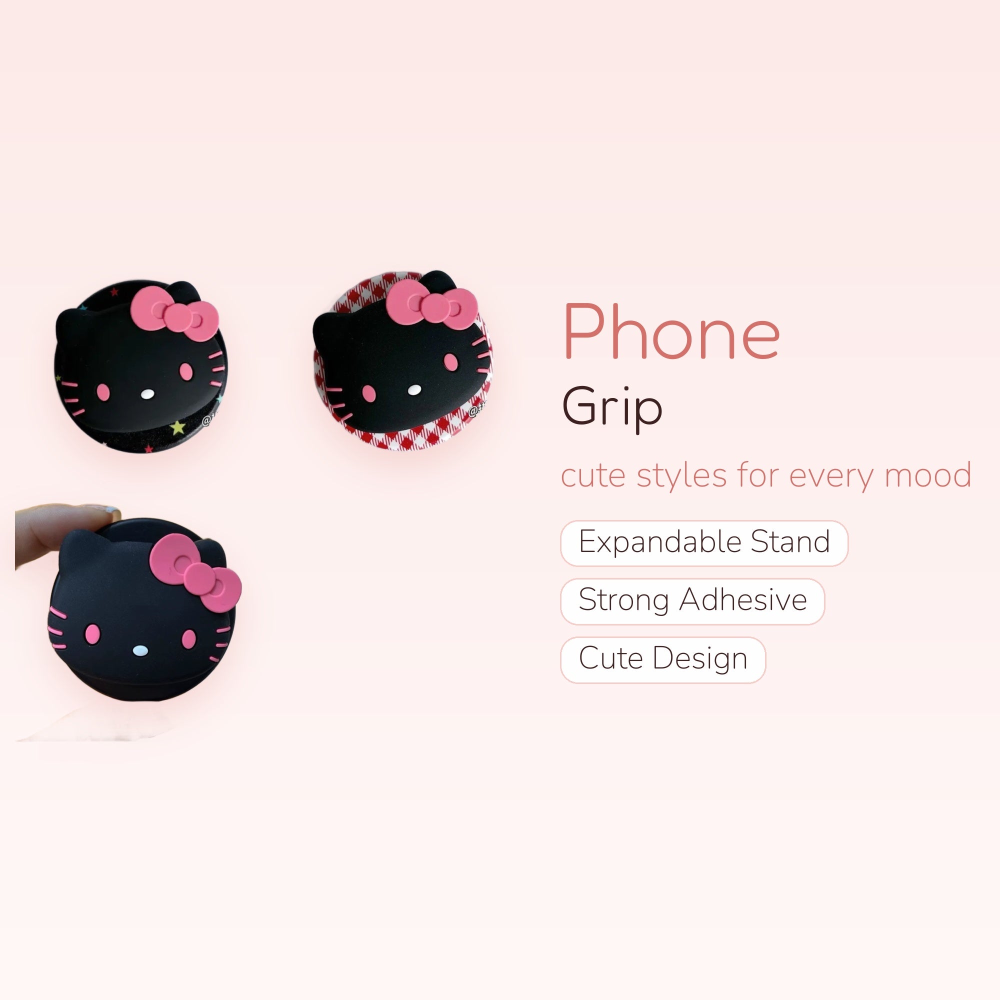 Black Hello Kitty Phone Grip with Pink Bow | Cute Pop Socket Stand
