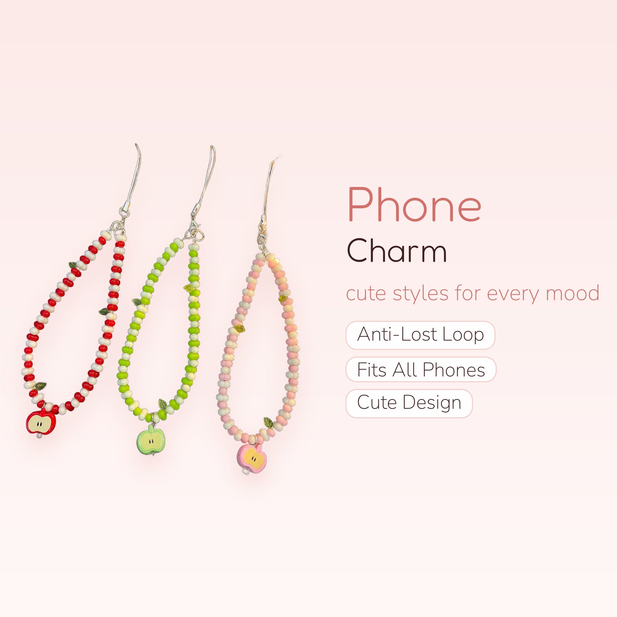 Cute Apple Beaded Phone Charm Strap | Kawaii Fruit Wrist Lanyard