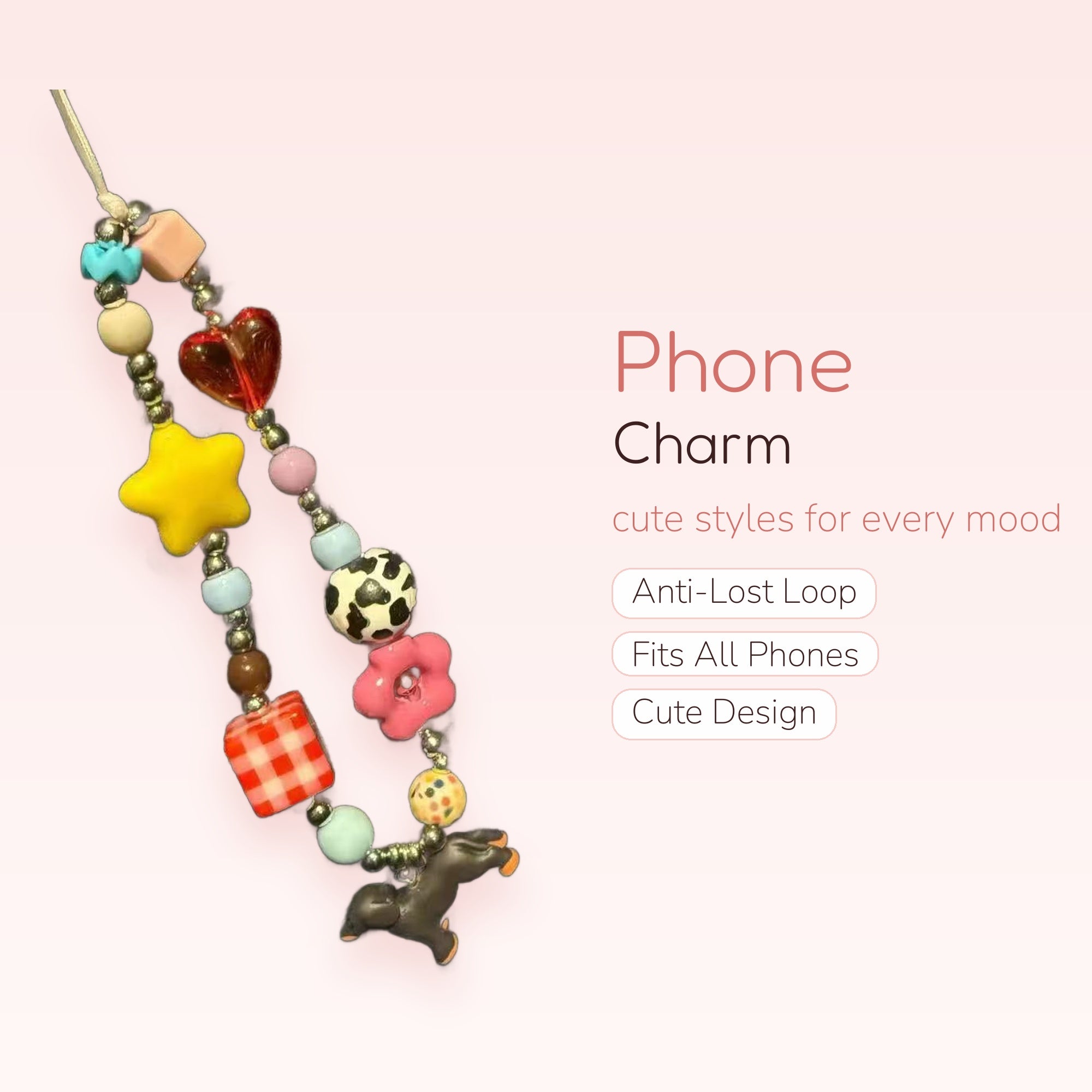 Y2K Beaded Phone Charm Strap | Kawaii Star Heart Cow Print Phone Lanyard