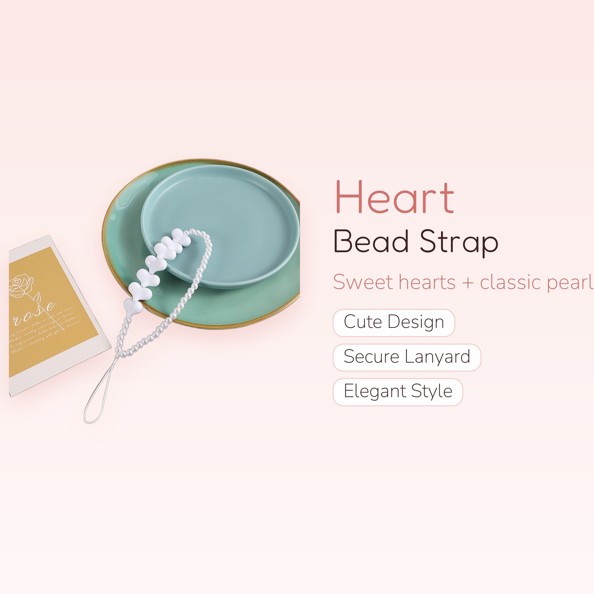 White Heart & Pearl Phone Charm Strap | Cute Wrist Lanyard