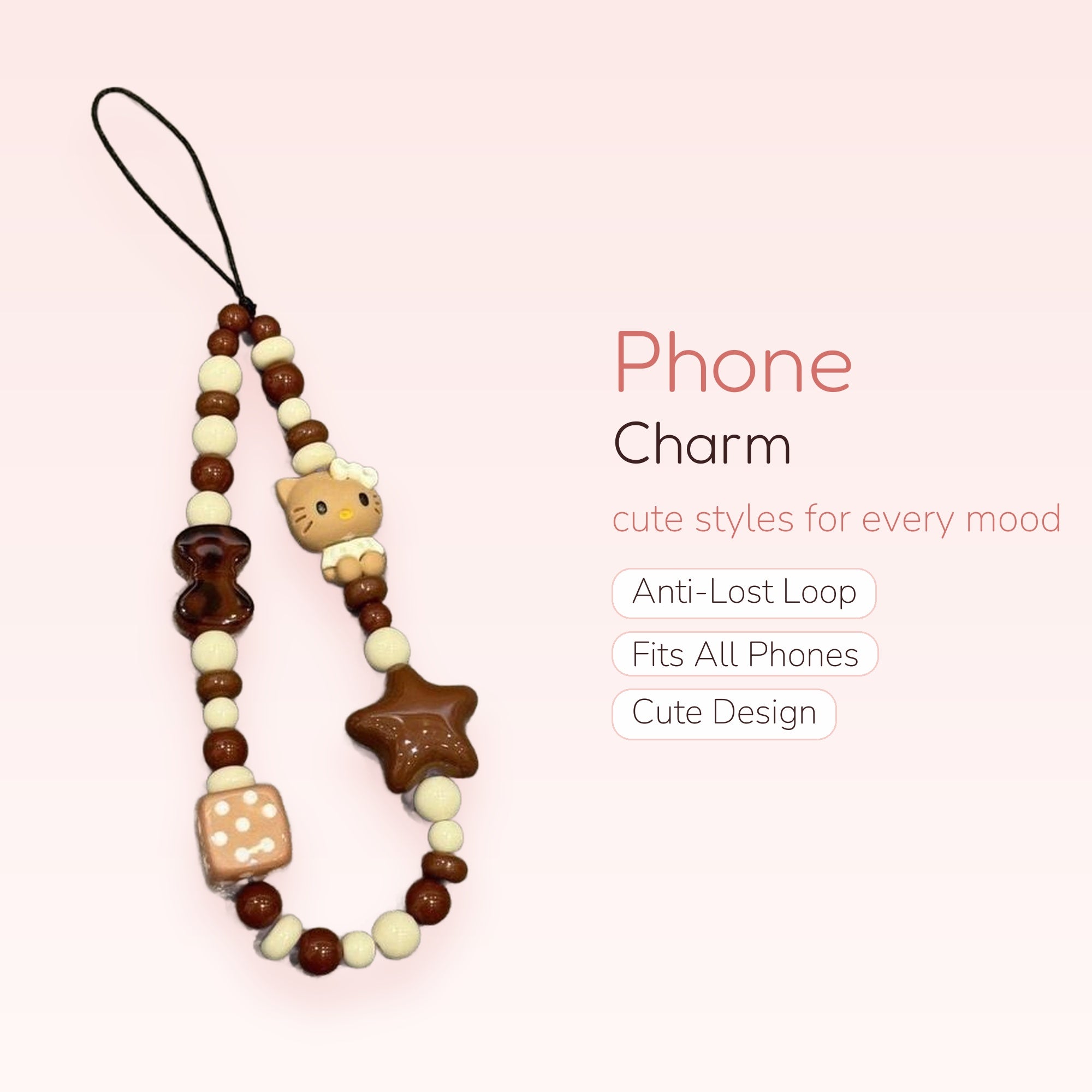 Cute Chocolate & Cream Beaded Phone Charm | Hello Kitty & Star Wrist Strap