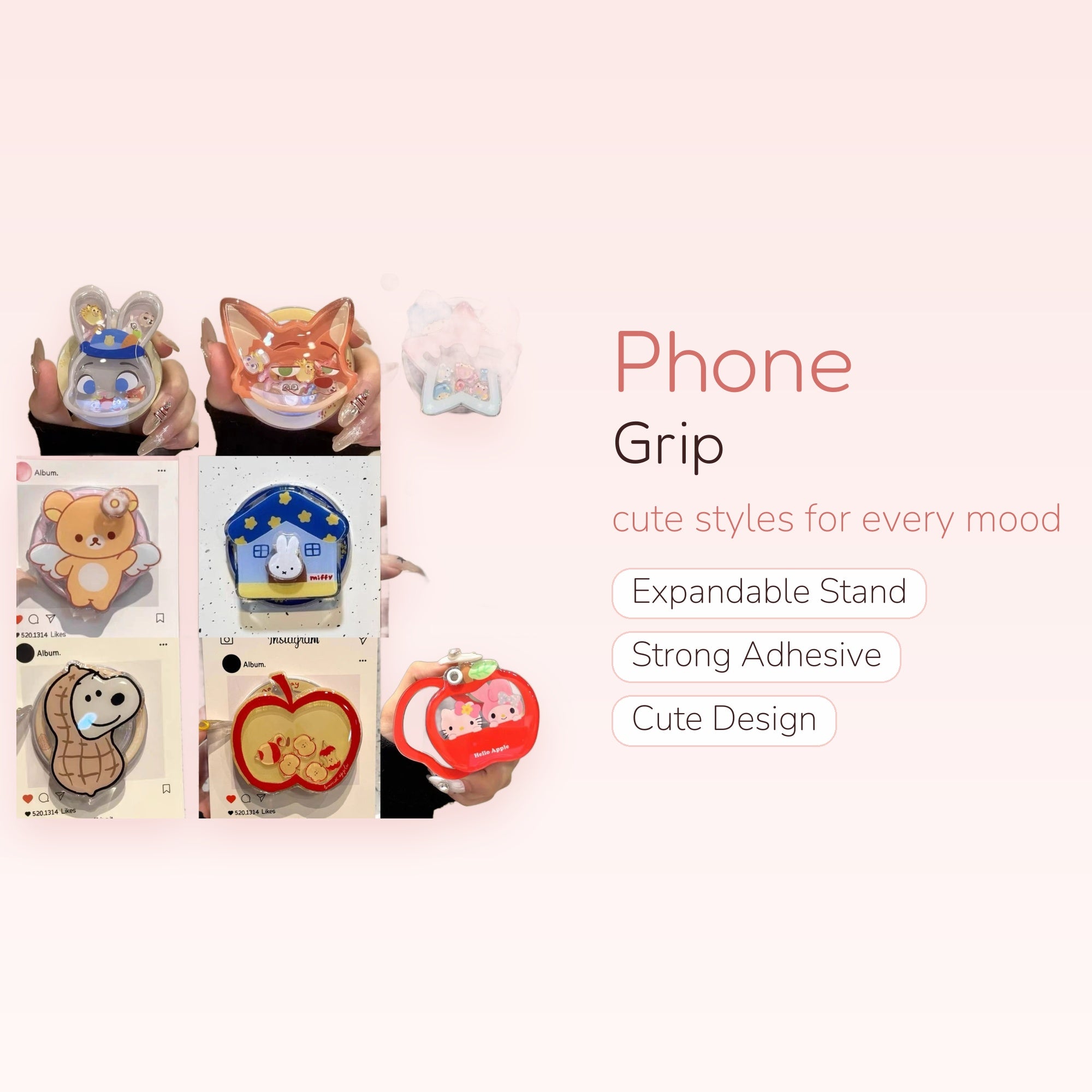 Cute Cartoon Character Liquid Glitter Phone Grip | Kawaii Pop Socket Stand