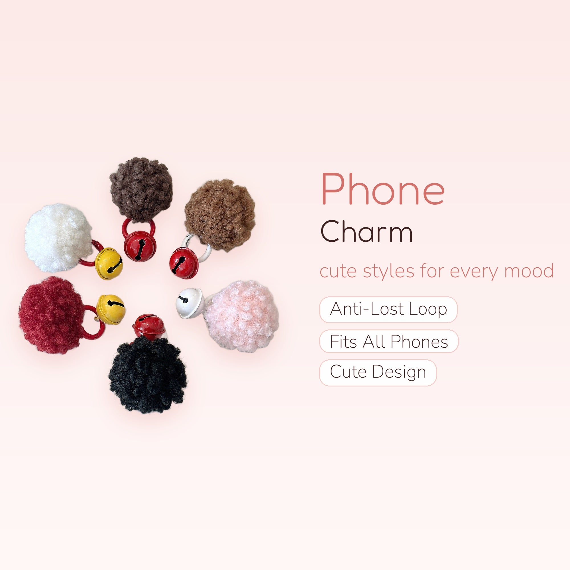 Fluffy Pom Pom Bell Phone Charm | Cute Colorful Fuzzy Ball Keychains