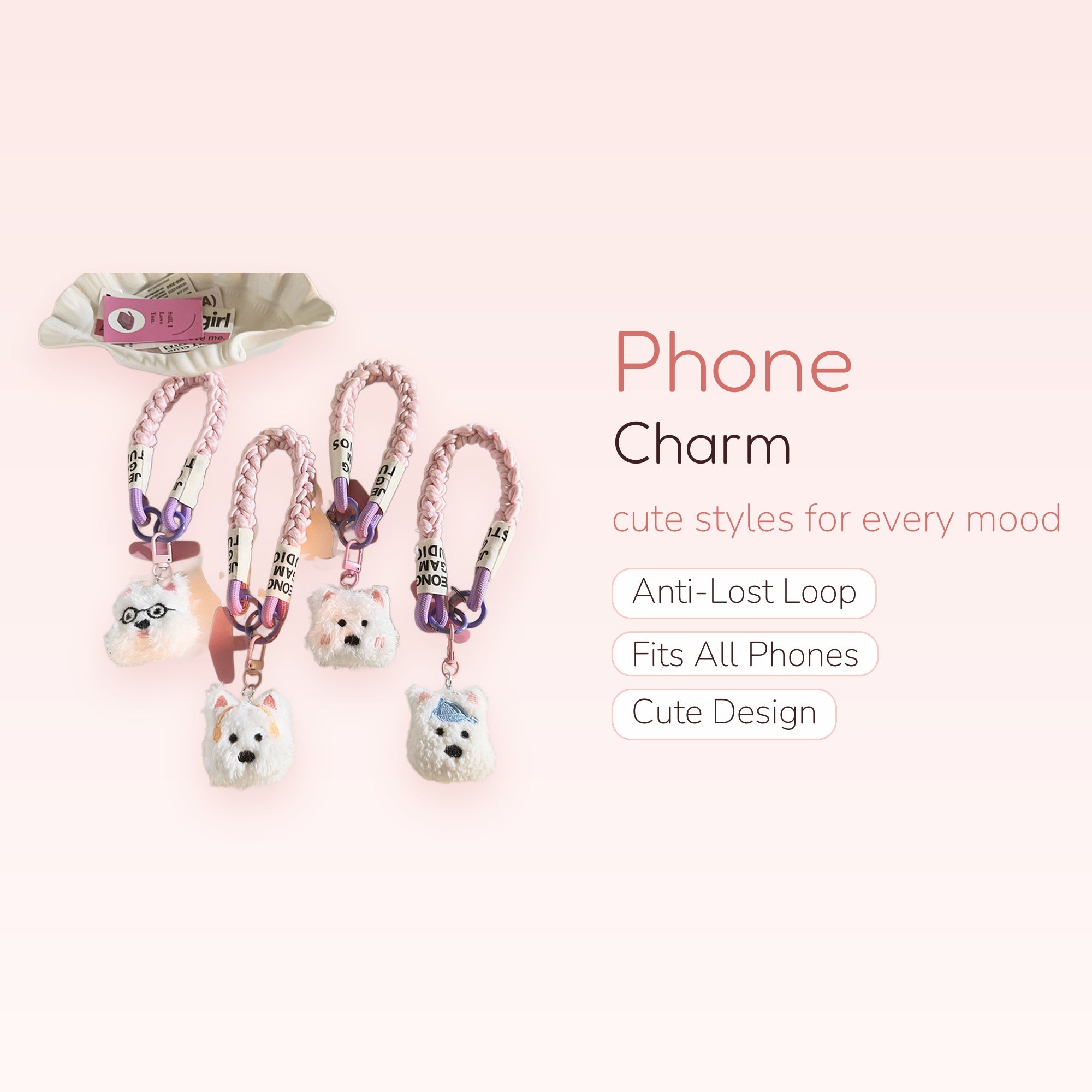 Cute Braided Strap Phone Charm | Fluffy Puppy Dog Head Wrist Lanyard