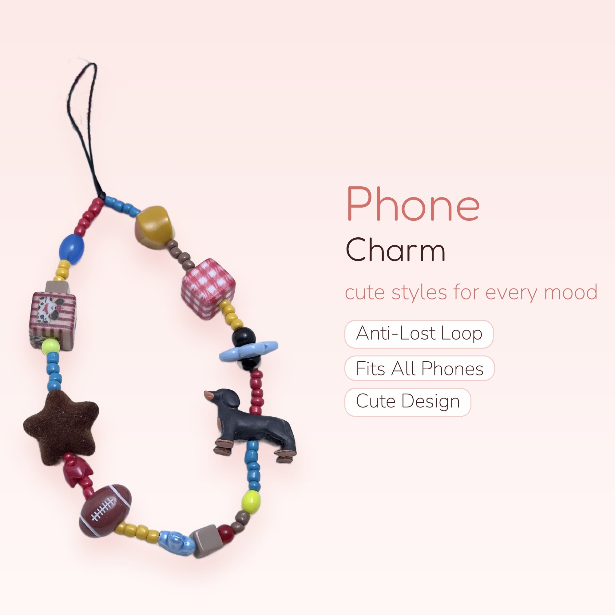 Cute Assorted Bead Phone Charm Strap | Kawaii Dog Star Football Wrist Lanyard