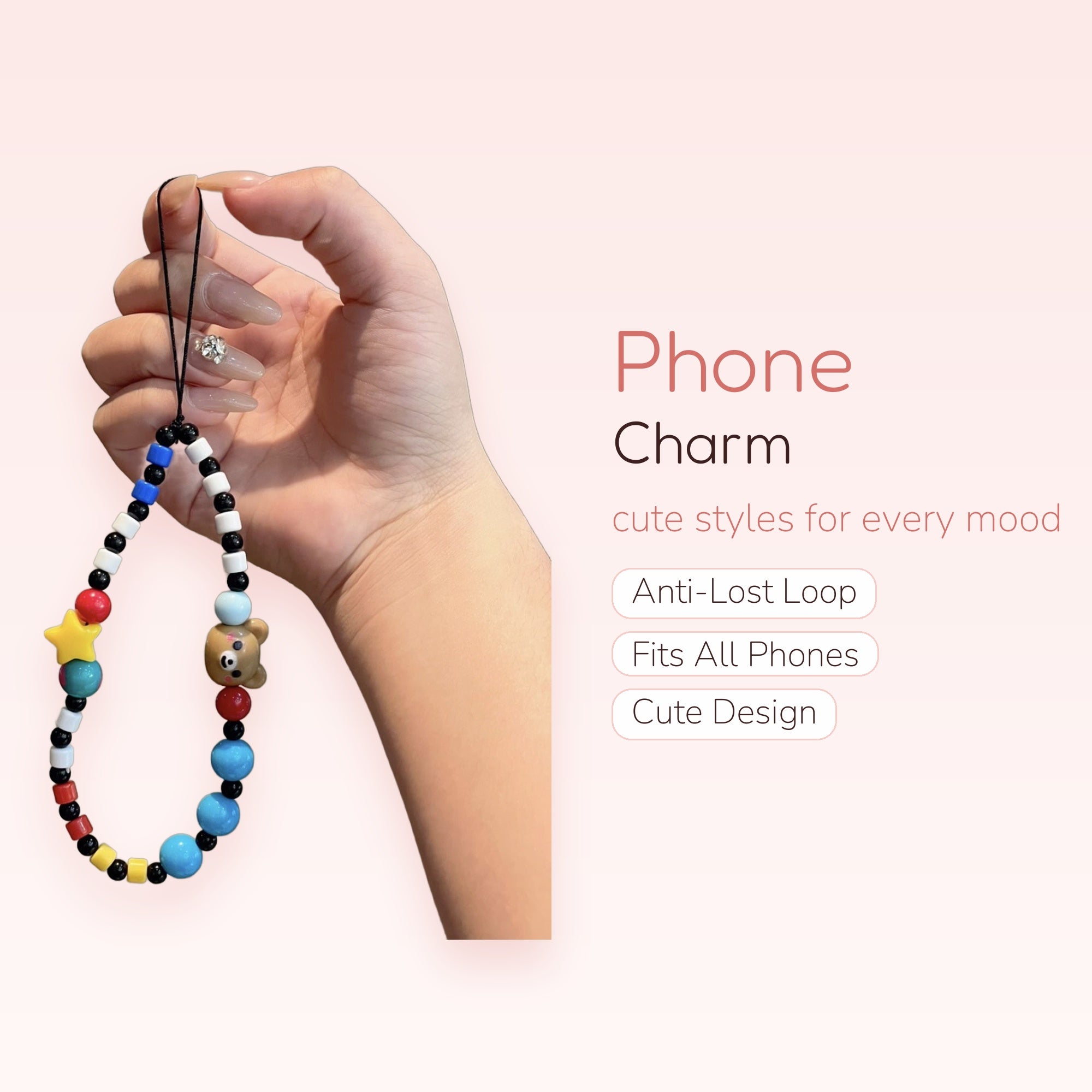Colorful Beaded Bear & Star Phone Charm | Kawaii Y2K Wrist Strap Lanyard