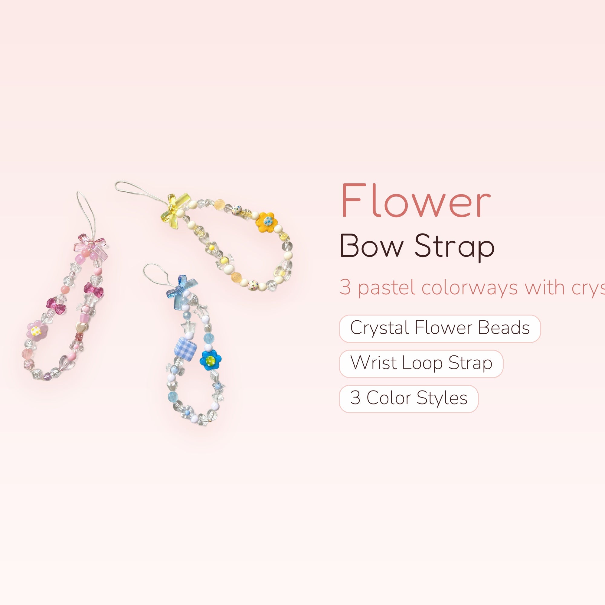 Flower Bow Beaded Phone Charm Strap | Crystal Wrist Lanyard