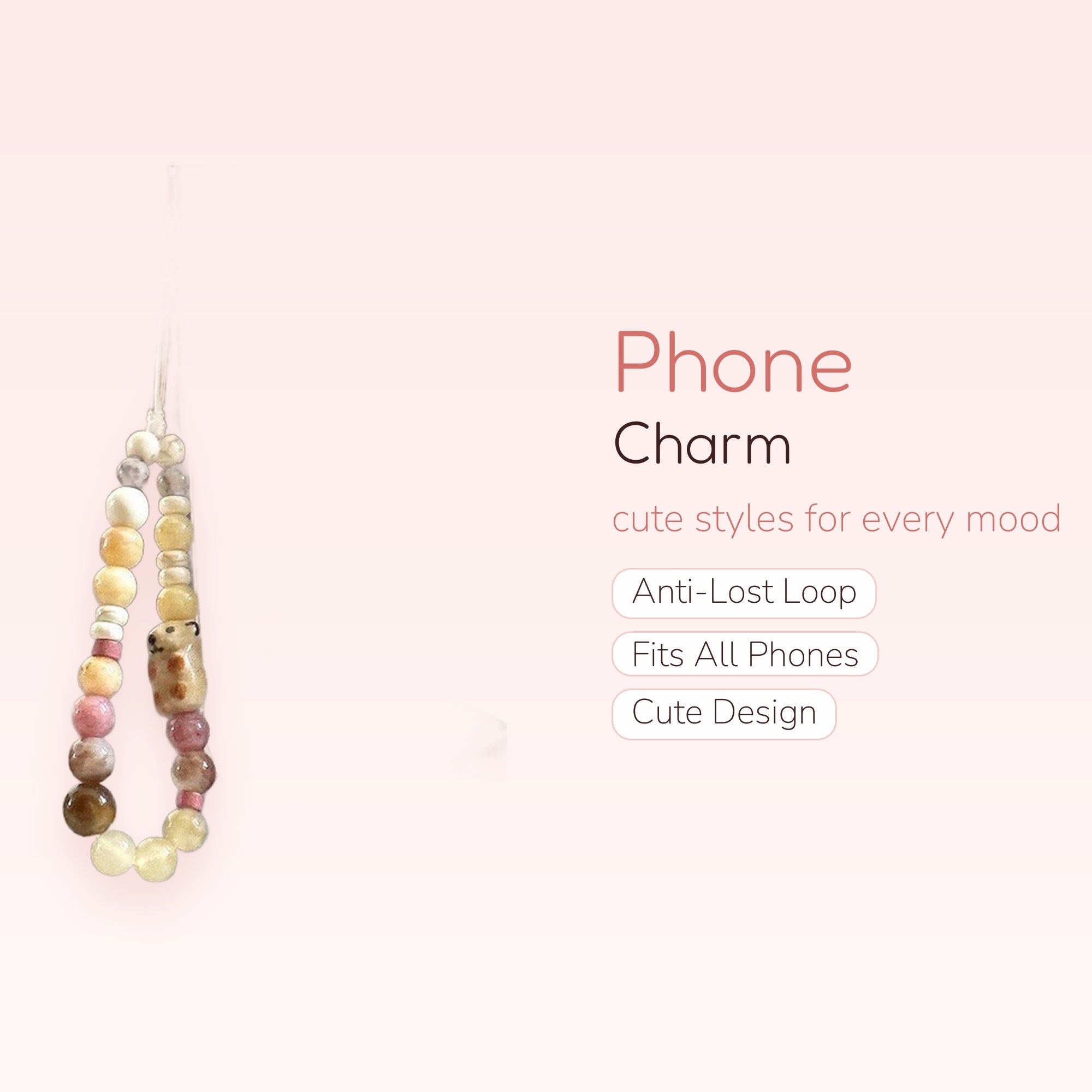 Aesthetic Beaded Phone Charm Strap with Bear Charm | Pastel Pink & Yellow Wrist Lanyard