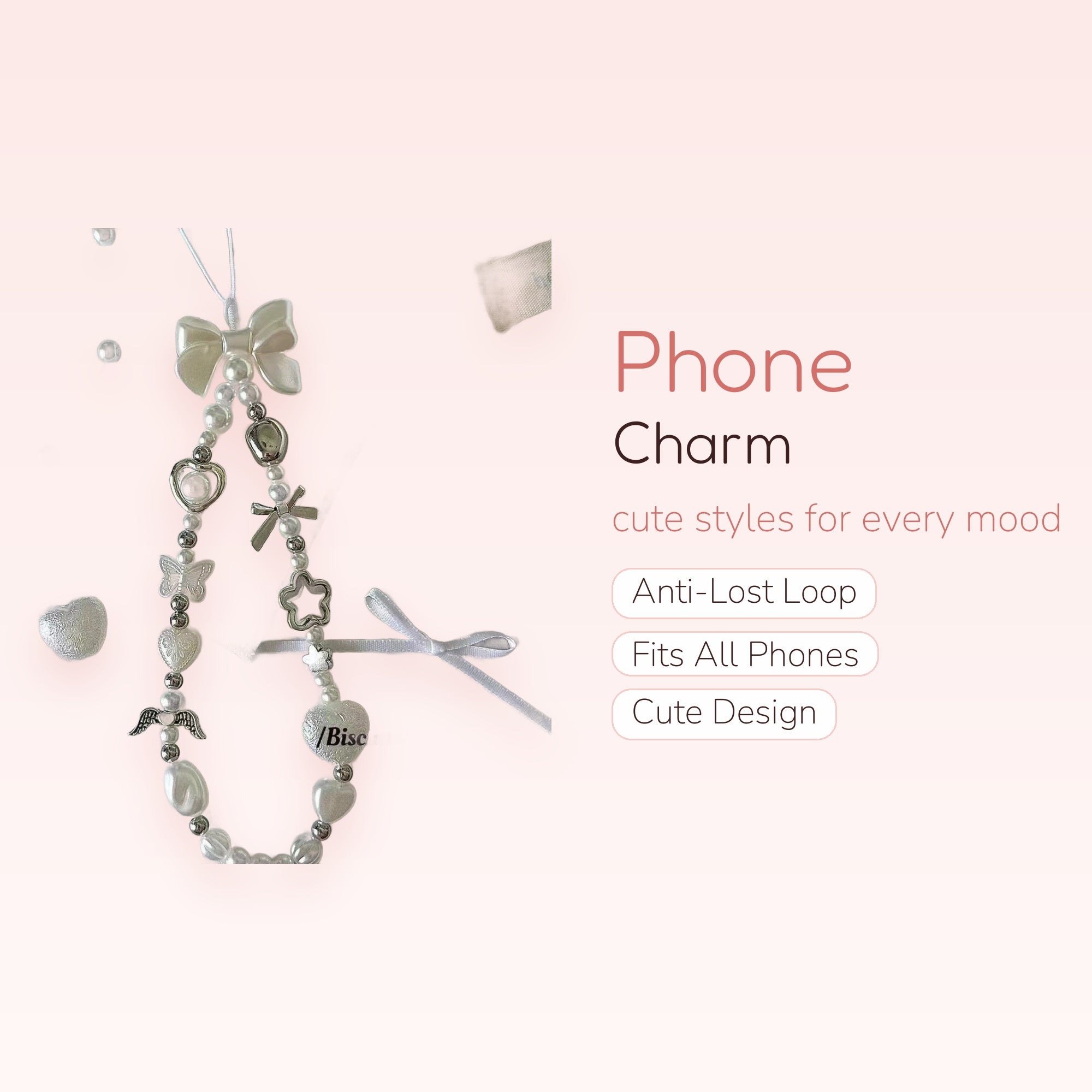 Kawaii Pearl & Silver Charm Phone Strap | Aesthetic Beaded Wrist Lanyard