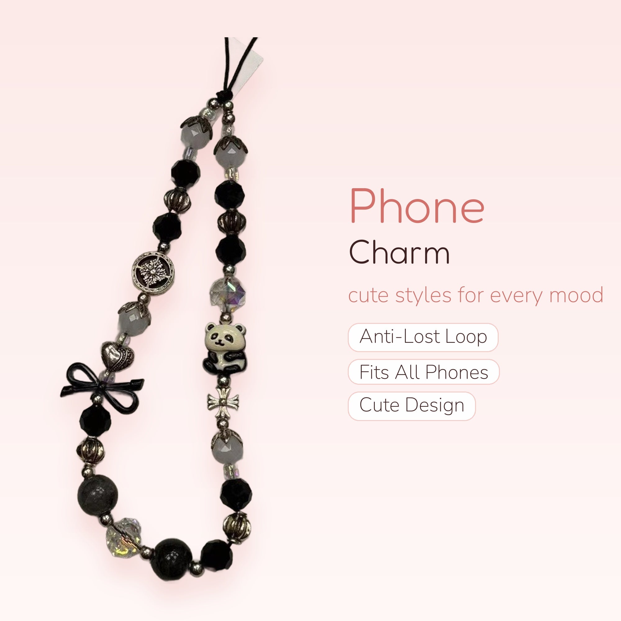 Black & White Beaded Panda Phone Charm | Aesthetic Snowflake & Bow Wrist Strap