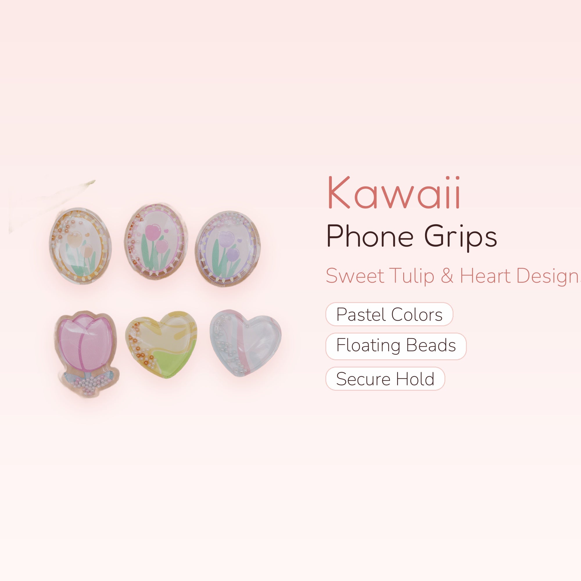 Kawaii Tulip & Heart Phone Grips | Pastel PopSocket Style Stand