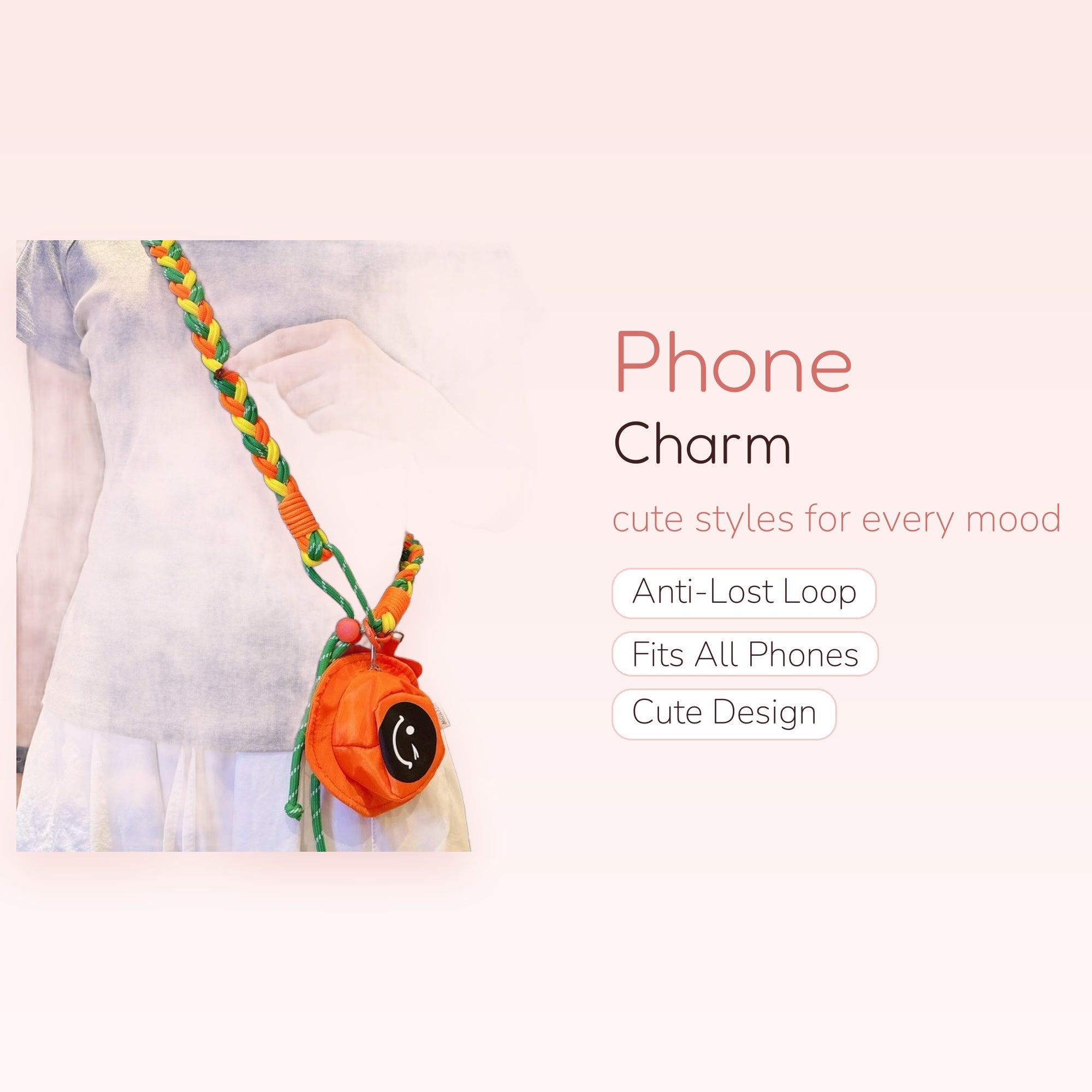 SIMPLYBUBBI — Braided Rainbow Cord Crossbody | Orange Smiley Ball Pouch Lanyard