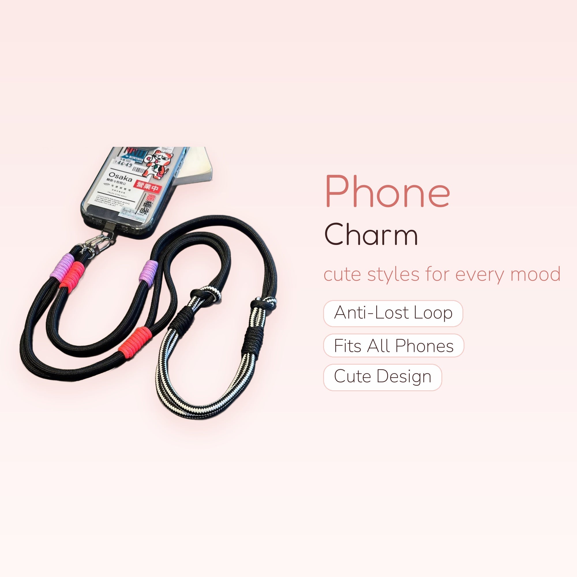 Black & White Striped Rope Phone Lanyard | Adjustable Crossbody Strap with Pink & Purple Accents