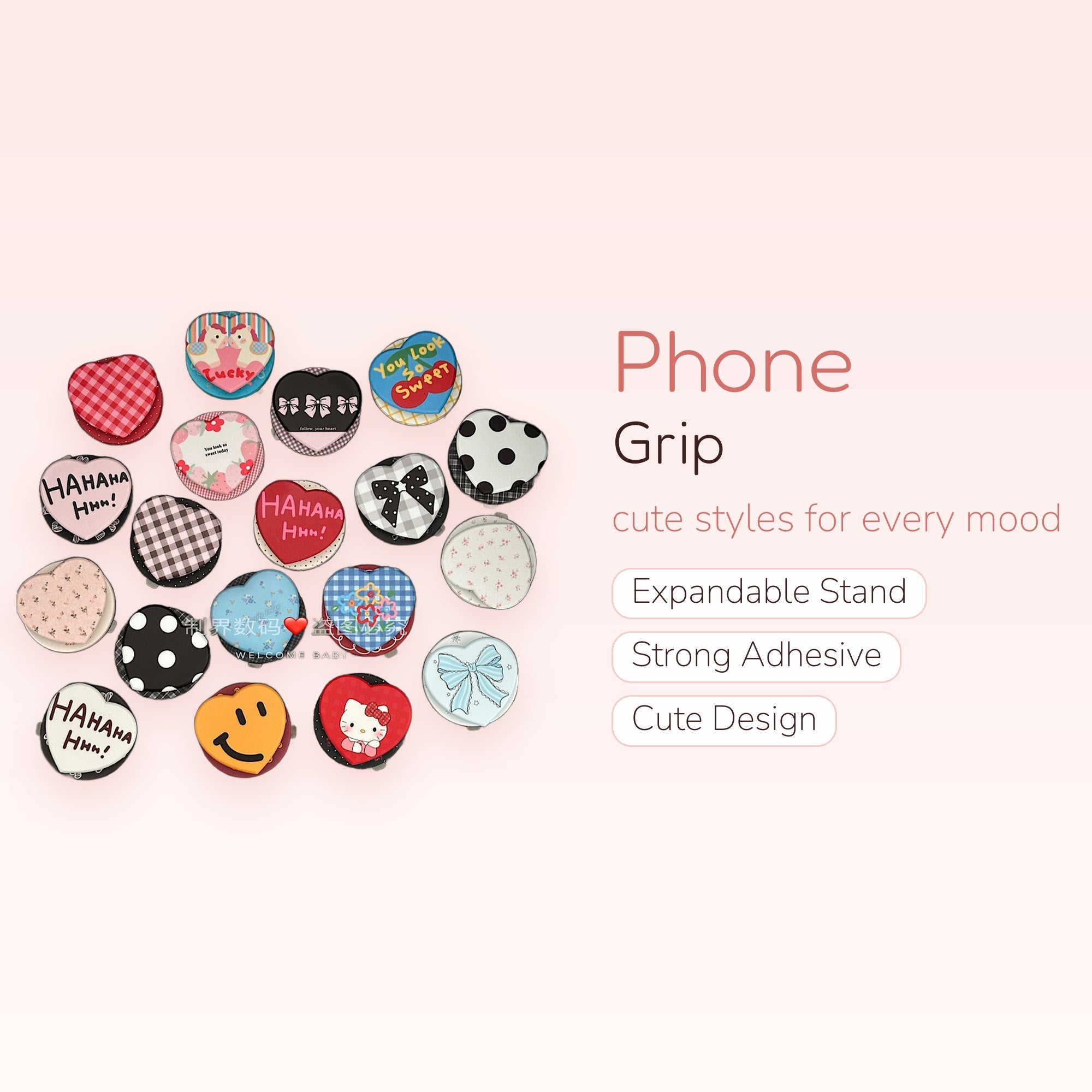 Assorted Heart & Round Kawaii Phone Grips | Cute Pop Socket Stands with Various Designs