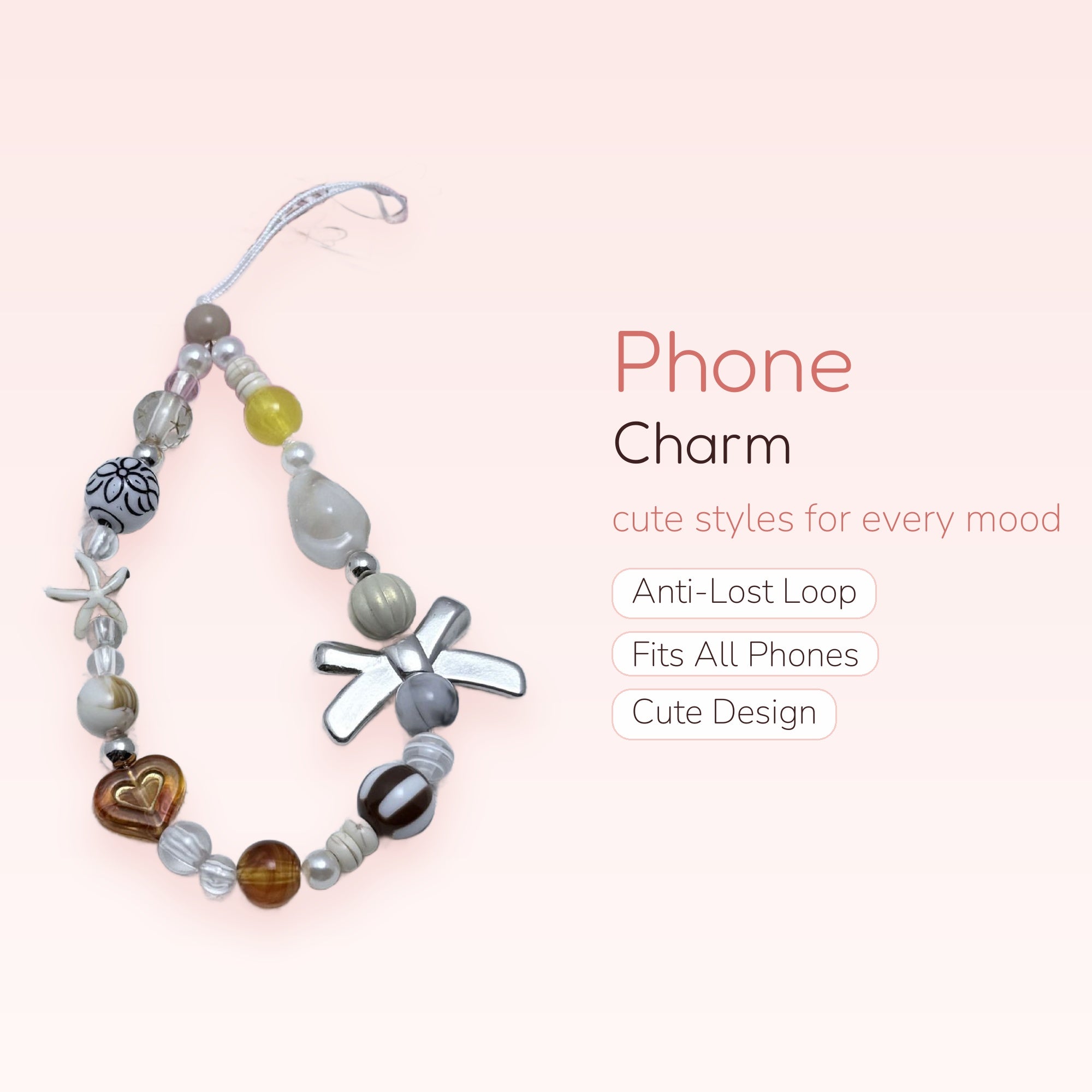 Aesthetic Beaded Phone Charm Strap with Starfish & Heart | Y2K Pastel Wrist Lanyard