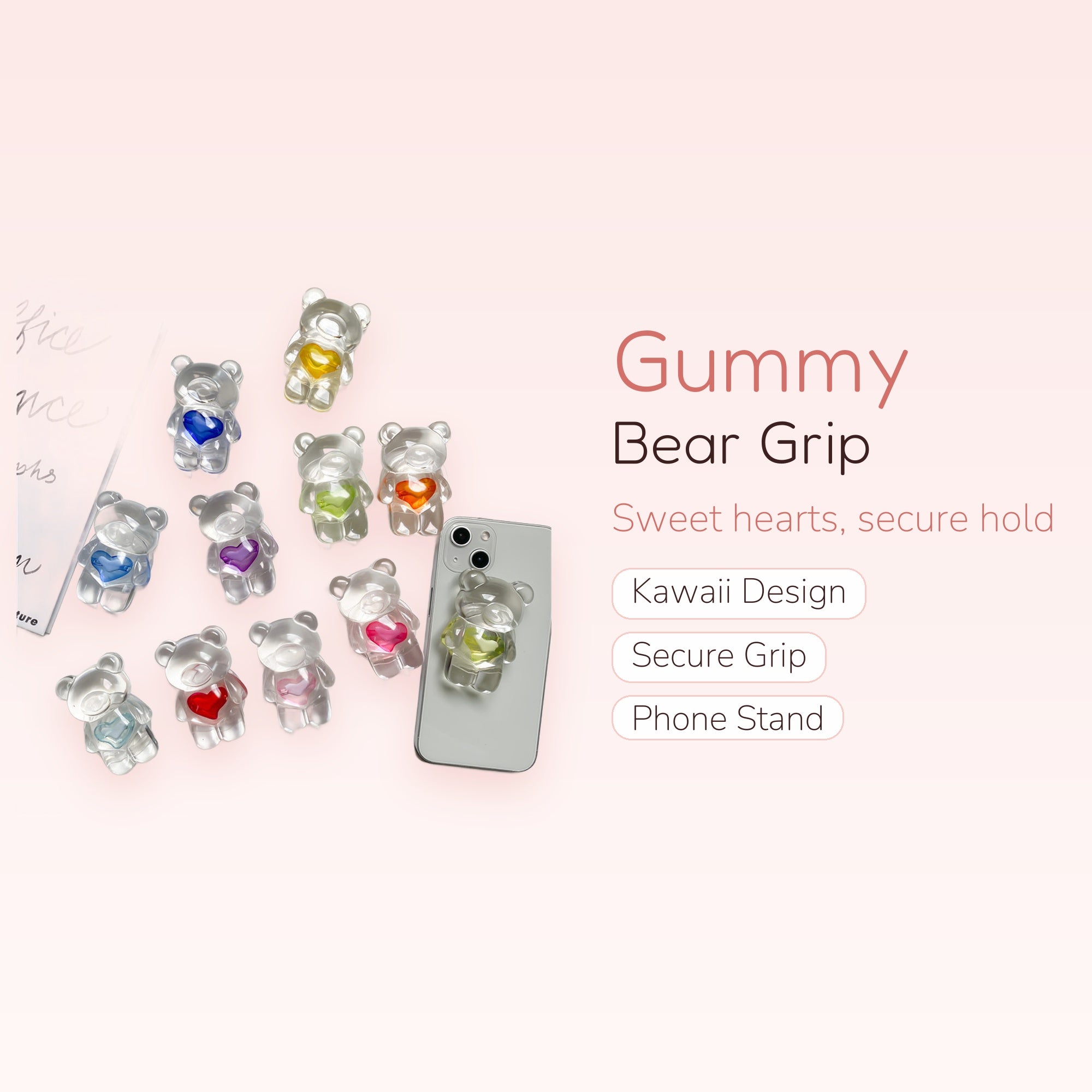Clear Gummy Bear Phone Grip | Kawaii Heart Pop Socket Stand