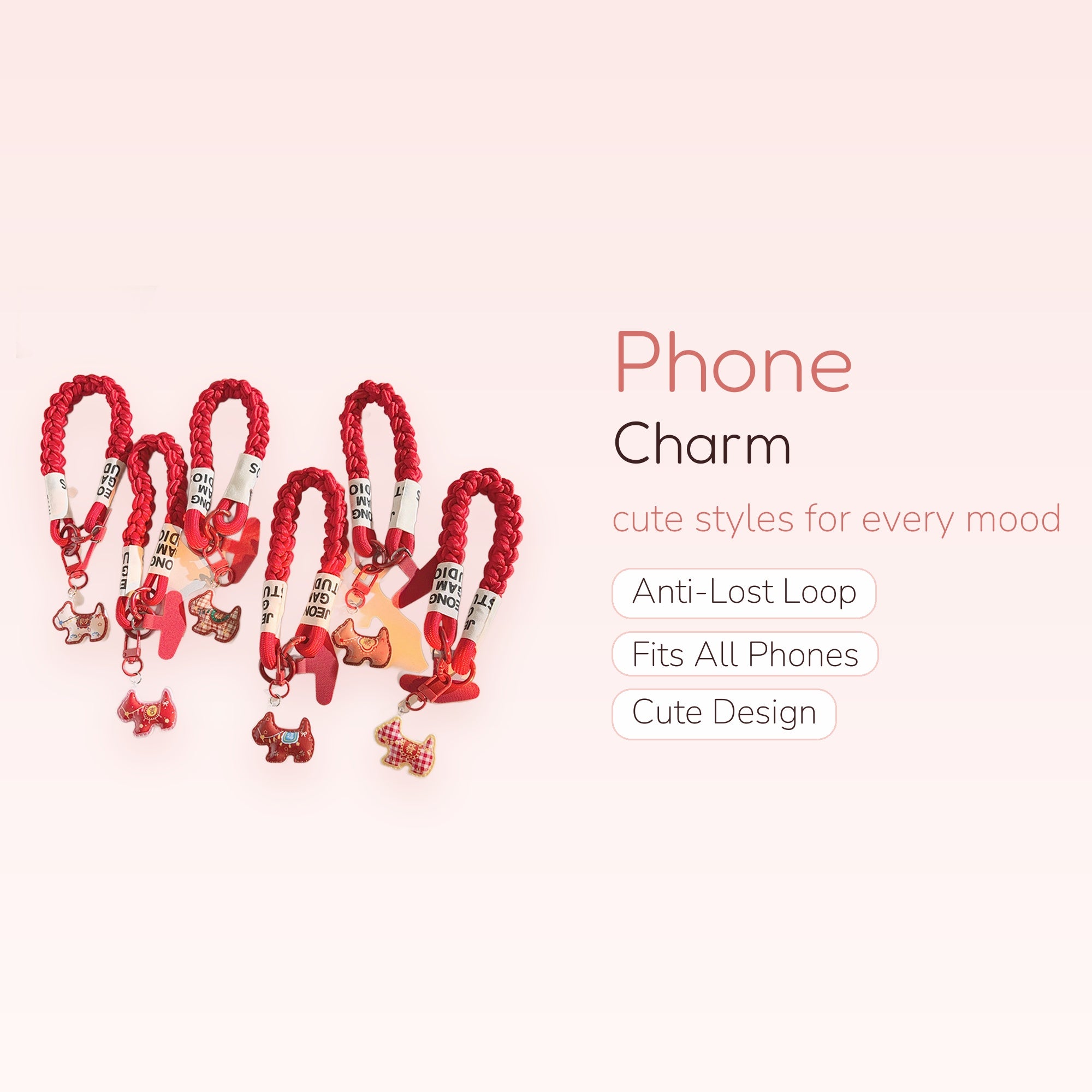 Red Braided Rope Phone Charm Strap with Cute Dog Charms | Aesthetic Wrist Lanyard