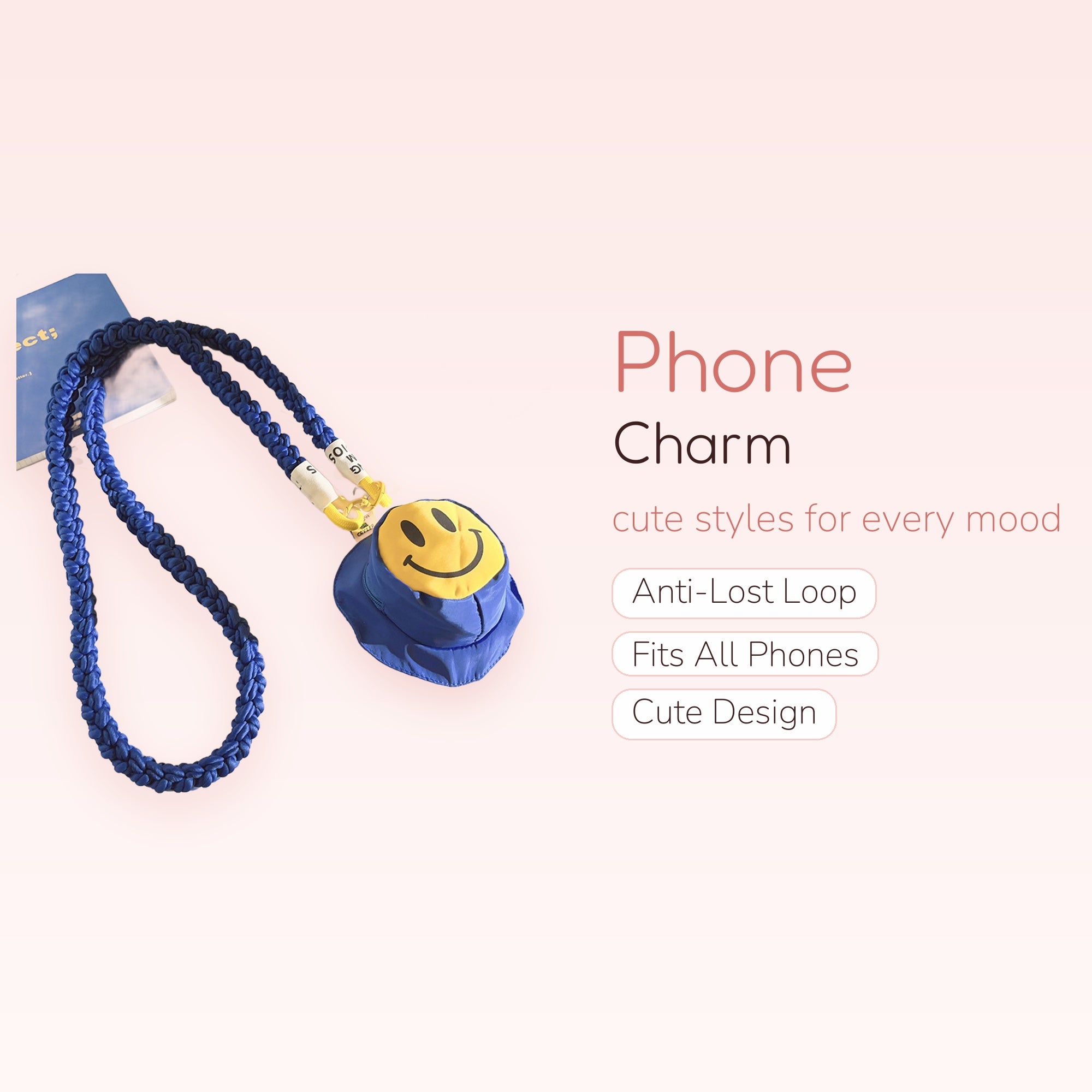 Blue Braided Lanyard Phone Charm | Cute Smiley Face Bucket Hat Strap