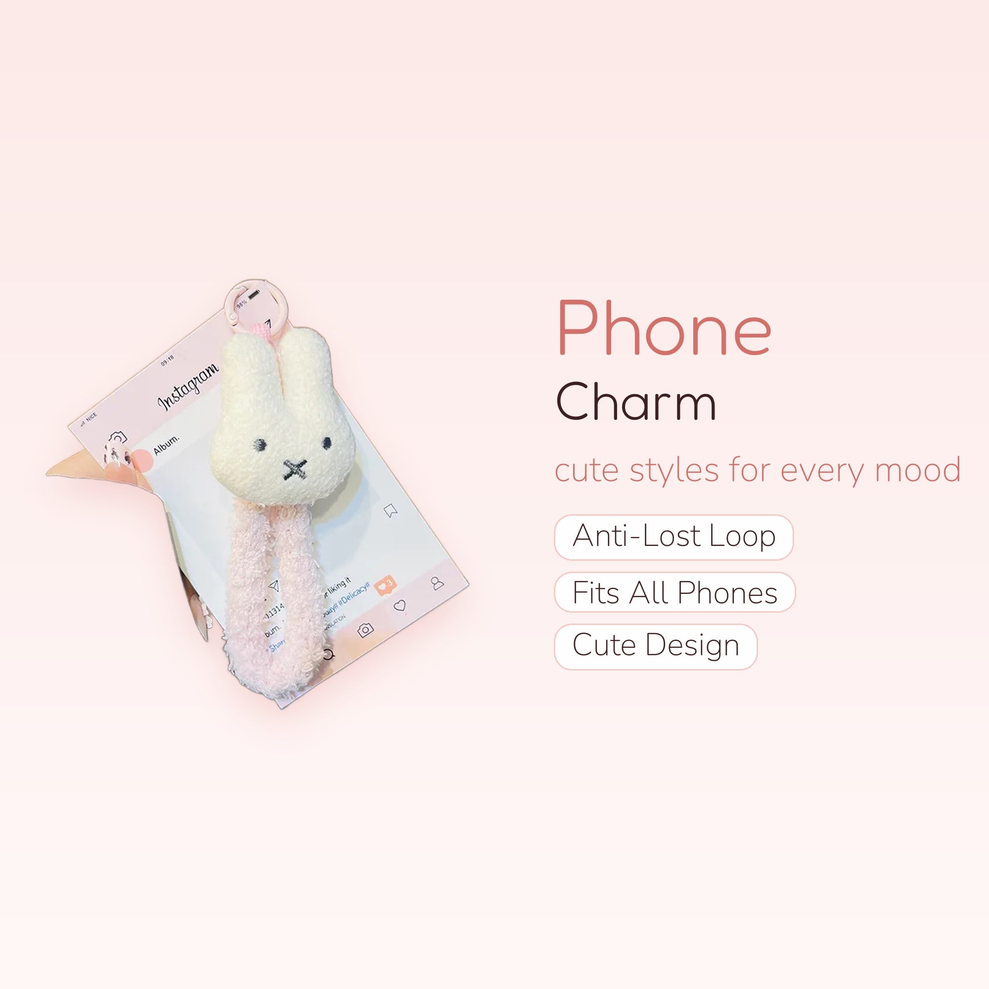 Cute White Bunny Plush Phone Charm | Kawaii Pink Miffy-style Keychain