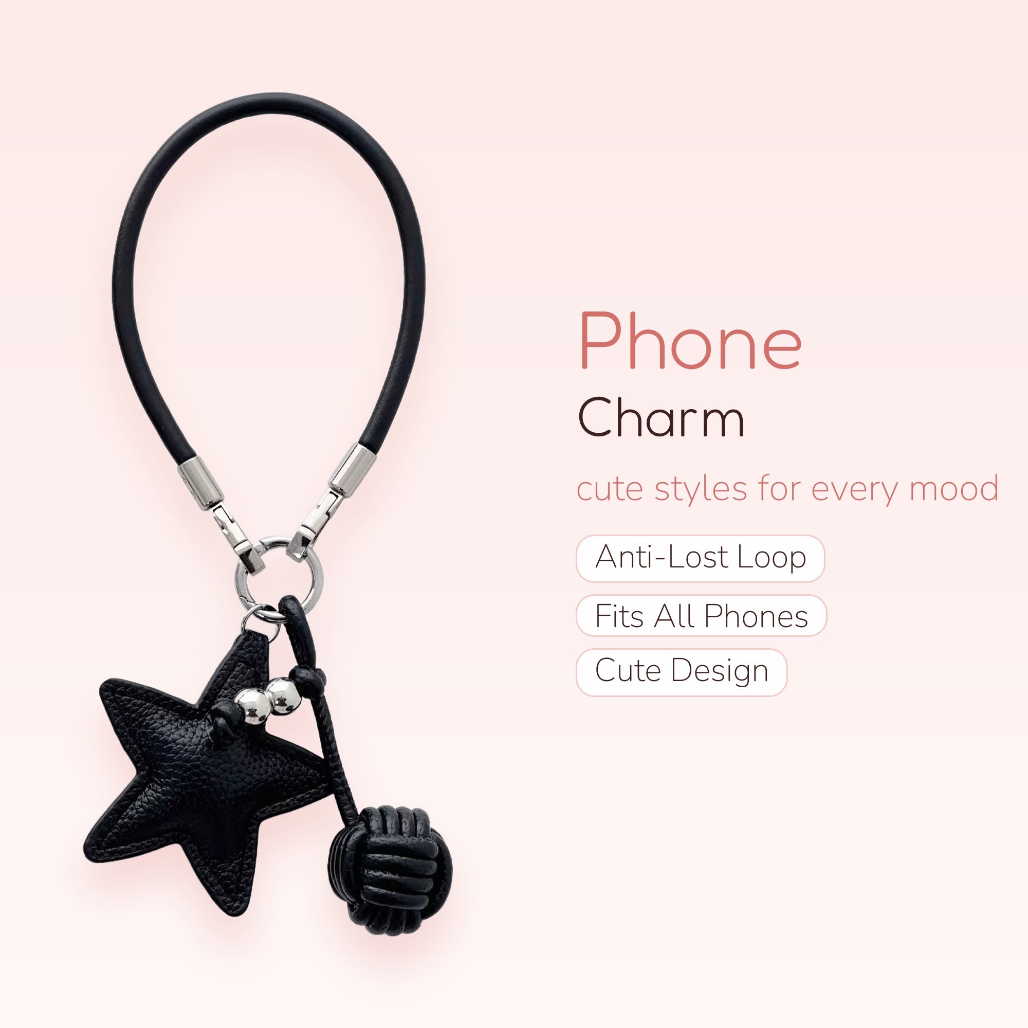 Black Leather Star & Knot Phone Charm | Chic Wrist Lanyard Keychain