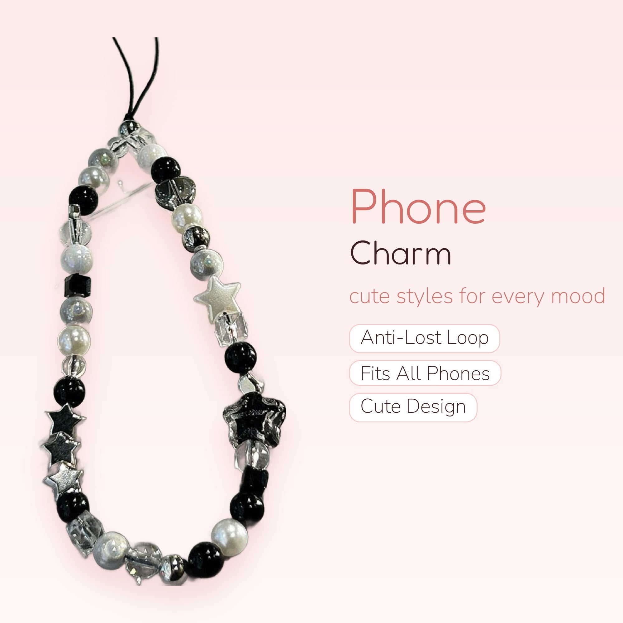 Monochrome Star & Pearl Phone Charm Strap | Aesthetic Beaded Wrist Lanyard