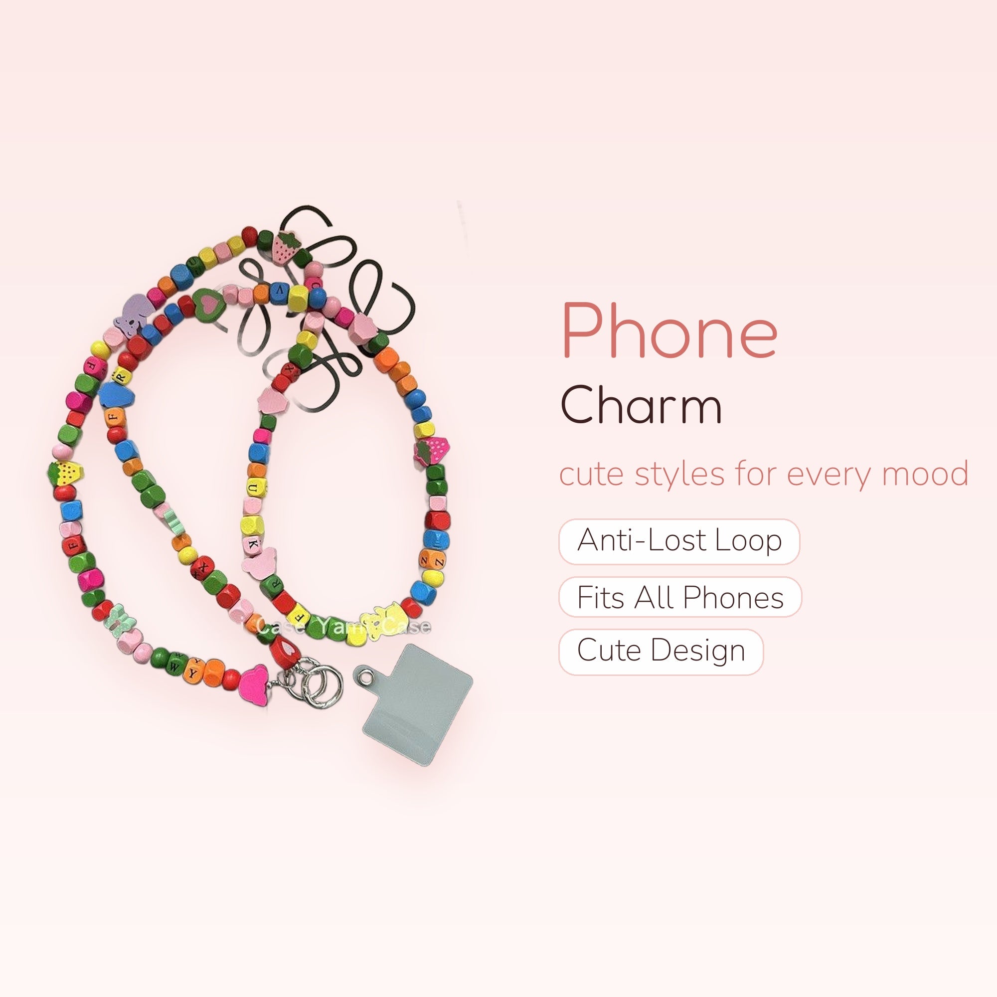 Y2K Colorful Beaded Phone Charm Lanyard | Kawaii Fruit & Animal Cube Letter Strap