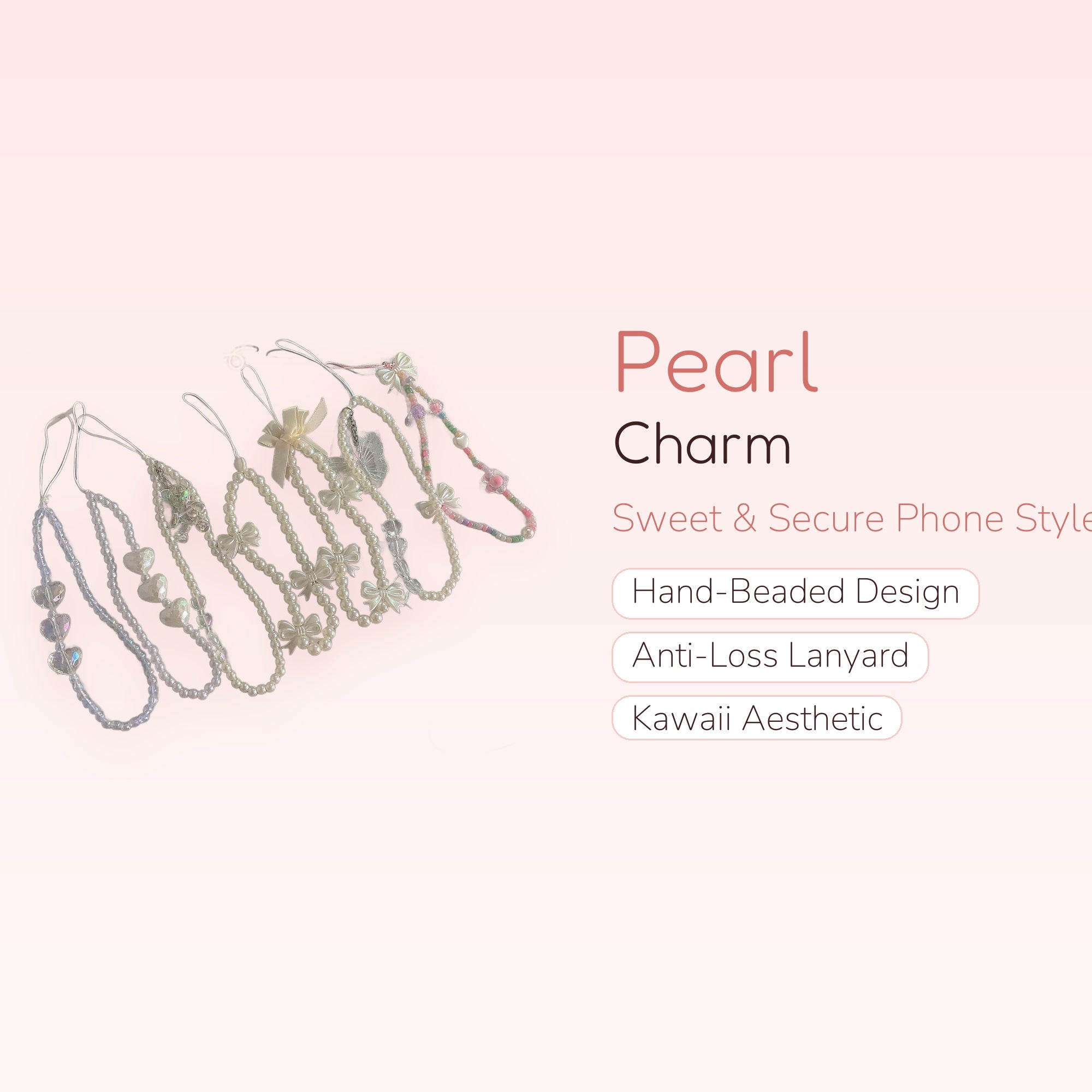 Kawaii Pearl & Crystal Phone Charm Strap | Cute Beaded Wrist Lanyard