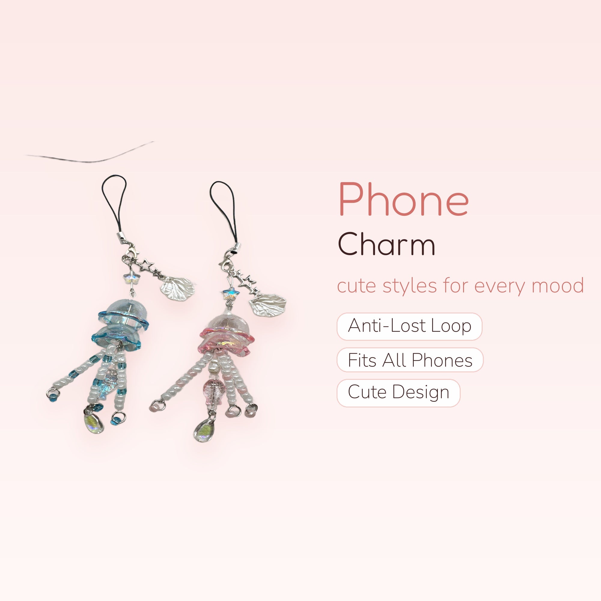 Kawaii Jellyfish Phone Charm Strap | Pastel Beaded Ocean Aesthetic Lanyard