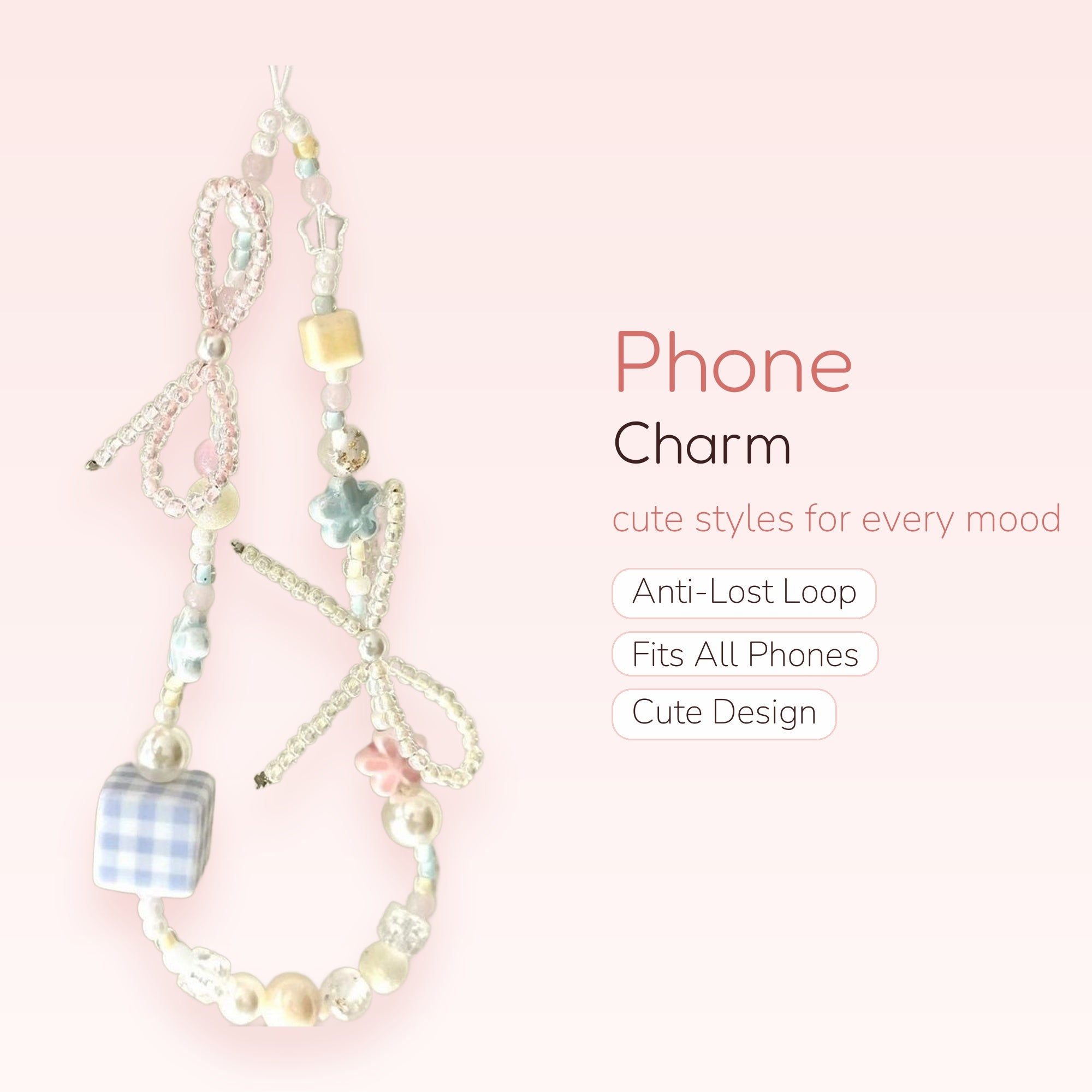 Pastel Beaded Bow Phone Charm | Kawaii Aesthetic Wrist Strap