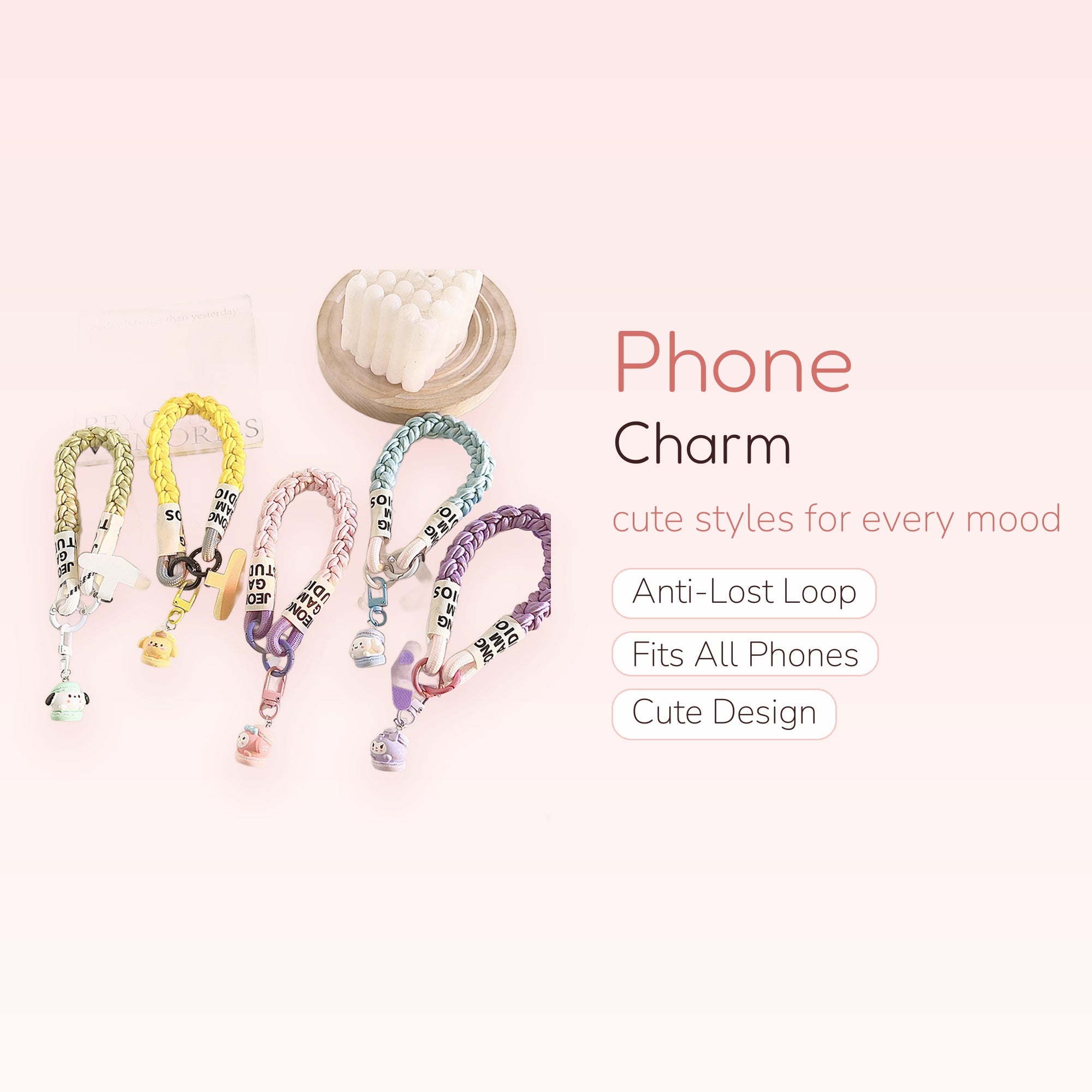 Braided Wrist Strap Phone Charm with Cute Animal Charms | Aesthetic Pastel Lanyard