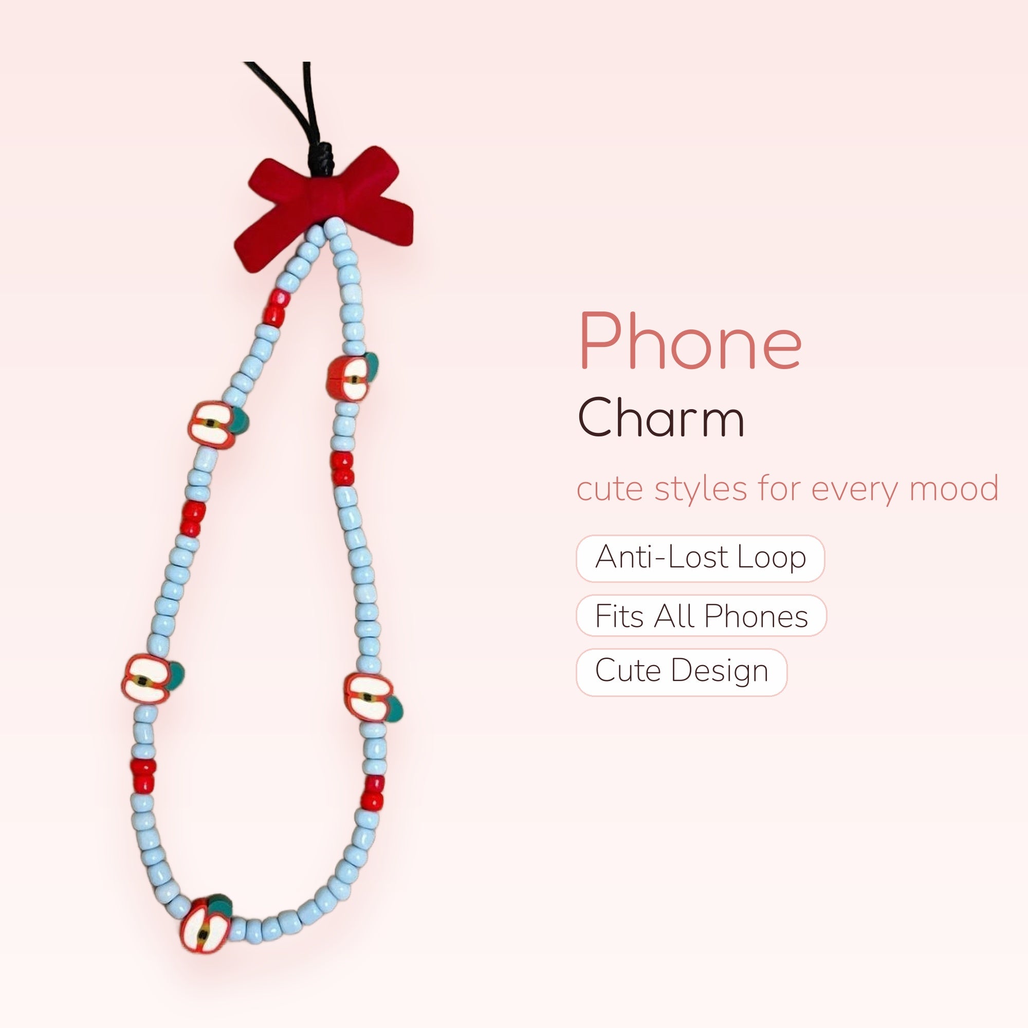 Cute Apple & Red Bead Phone Charm | Light Blue Beaded Wrist Lanyard