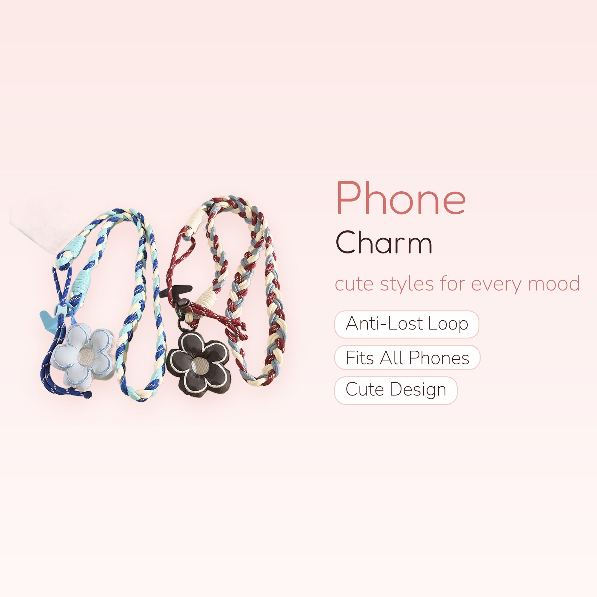Braided Flower Phone Charm Lanyard | Cute Blue & Maroon Crossbody Strap