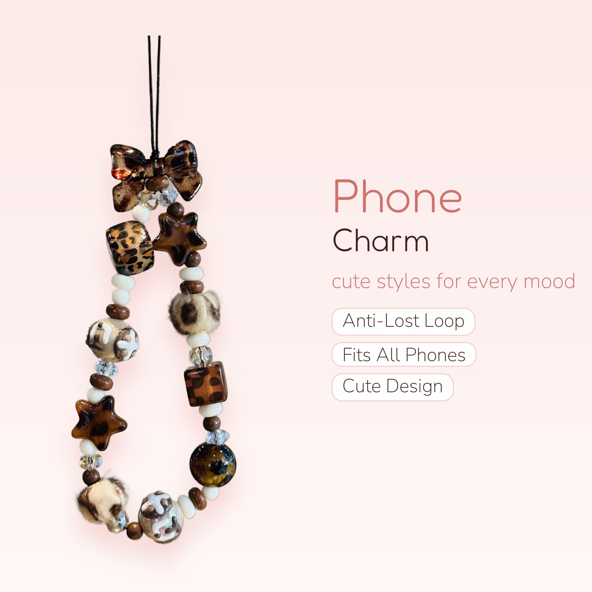 Leopard Print & Brown Star Phone Charm | Aesthetic Beaded Wrist Strap
