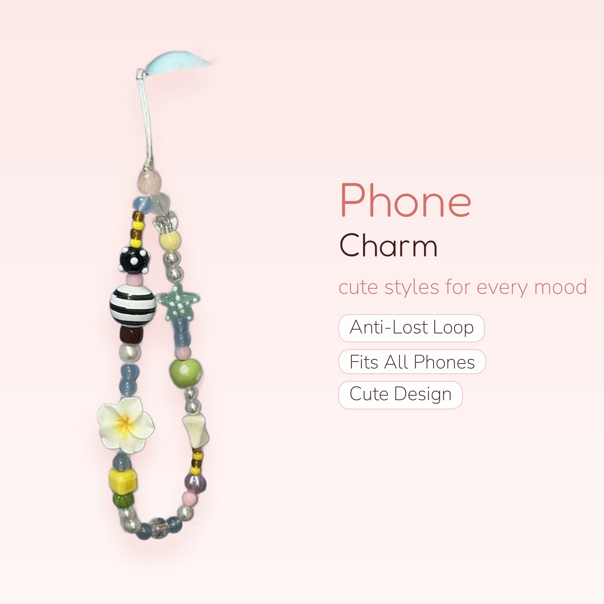 Kawaii Beaded Phone Charm Strap | Pastel Floral Star & Striped Bead Lanyard