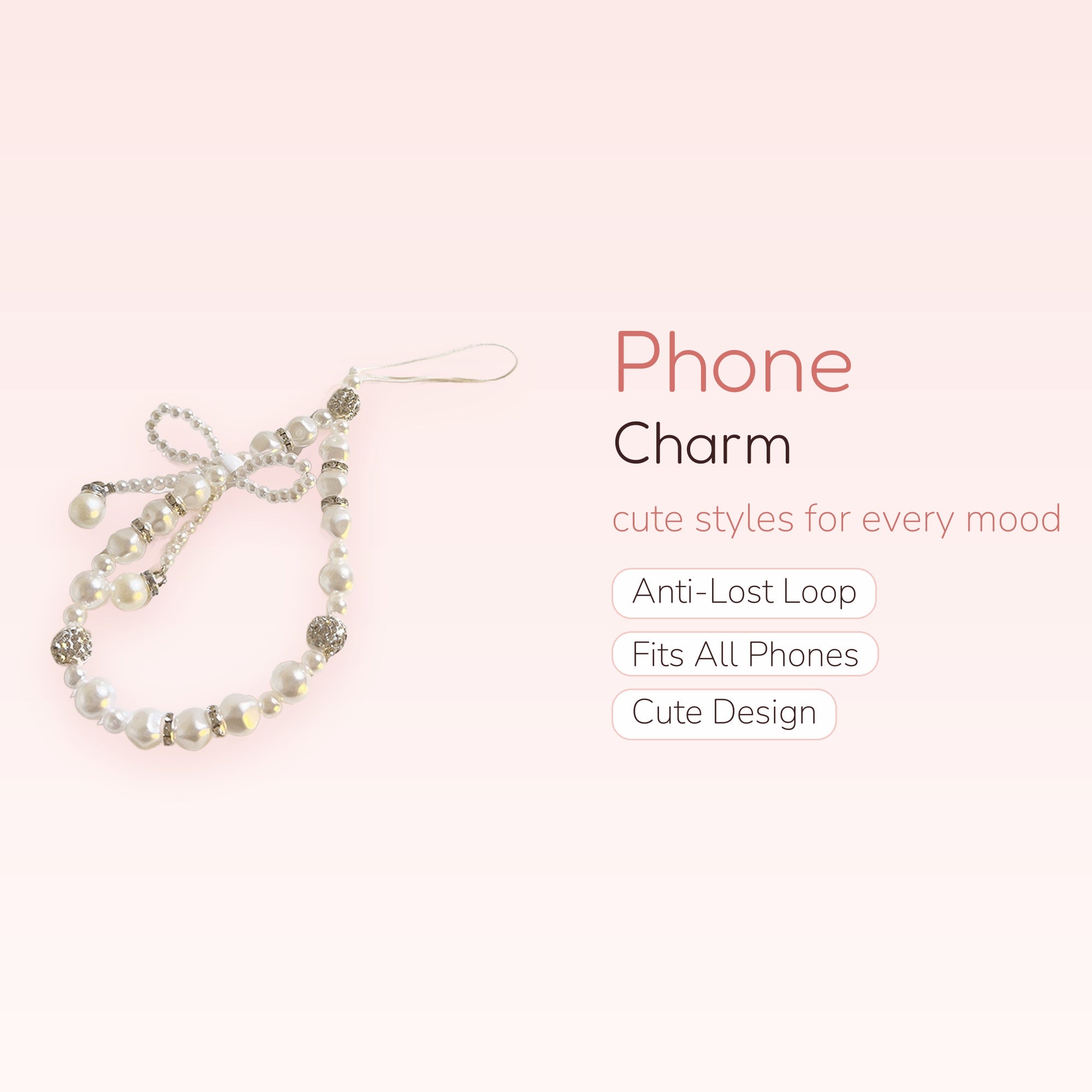 Elegant Pearl & Rhinestone Phone Charm Strap | White Beaded Wrist Lanyard