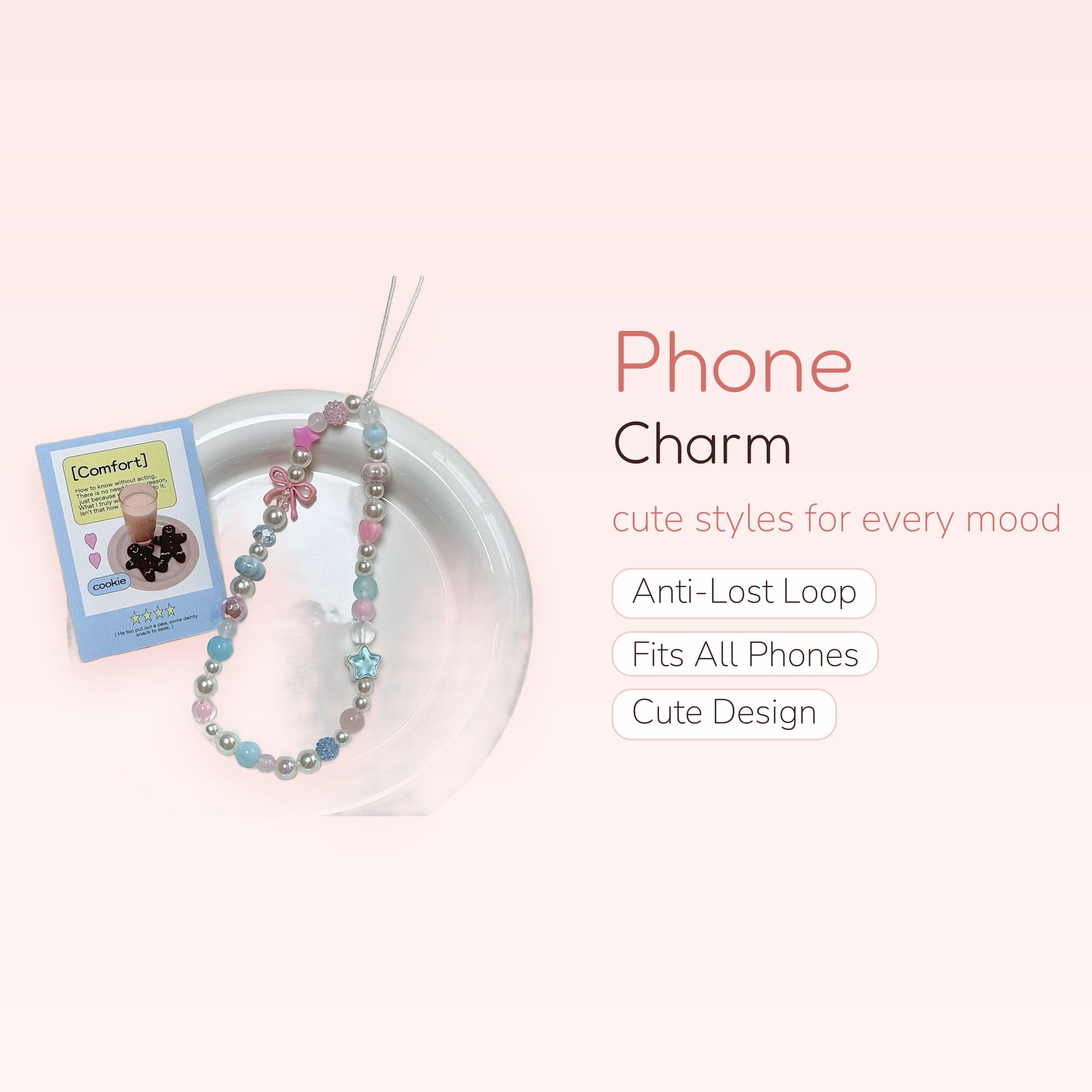 Pastel Pearl & Star Phone Charm Strap | Kawaii Beaded Wrist Lanyard